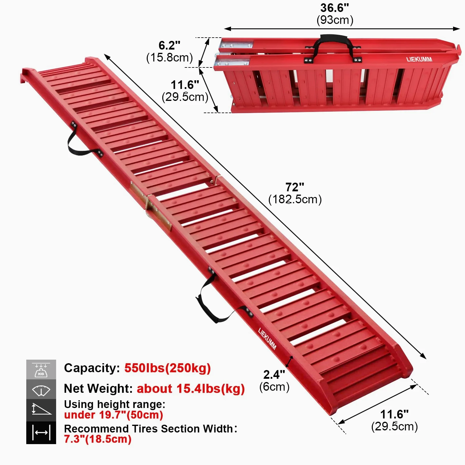 LIEKUMM Rampa de Carga de Aluminio de 180 cm, Rampa de Motocicleta para ATV, Motocicleta, Camión, Scooter, Cortacésped cuádruple y Bicicleta Ford, Plegable, 1 Pieza, Capacidad de 250 kg (Rojo)