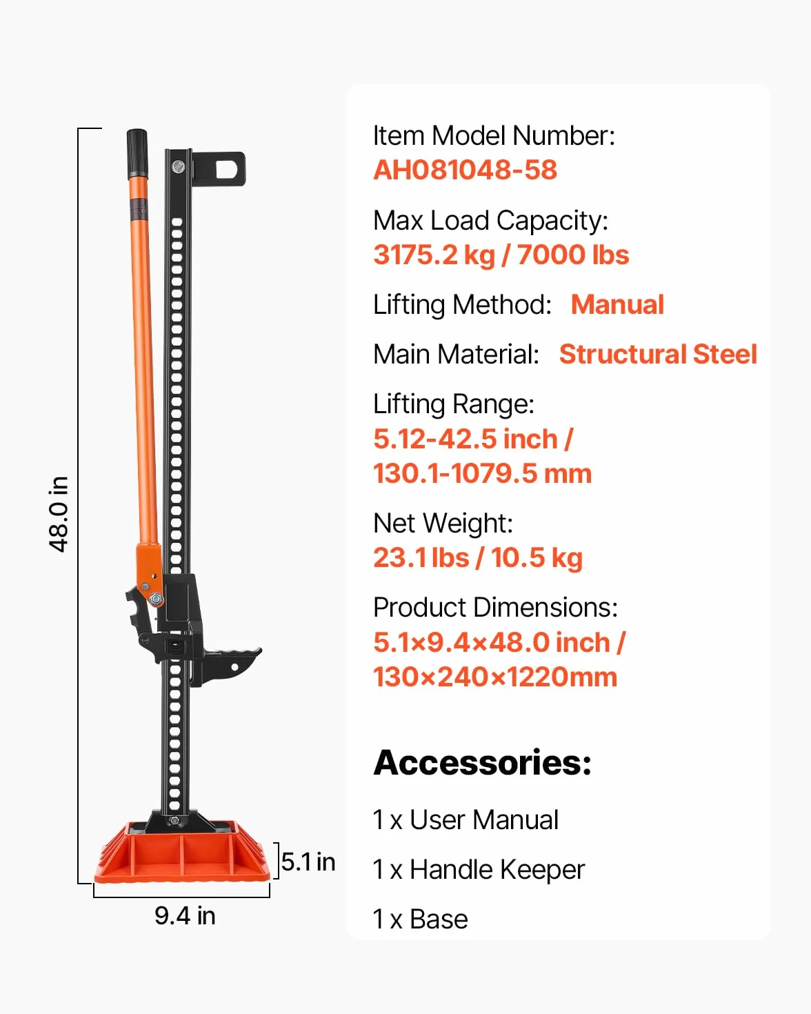 VEVOR Gato Agrícola con Base 122 cm con Elevación Alta y Trinquete Carga Máxima de 3,18 T para Uso Todoterreno de Alta Resistencia con Rango de Elevación de 130,1-1079,5 mm para Tractor, Camión, SUV