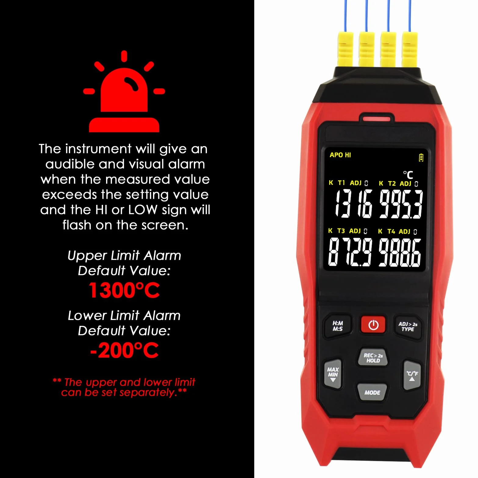Termómetro K/J tipo registrador de datos Termómetro profesional de termopar con 5000 grupos de registro de temperatura, -328~2501℉ Medición Alarma acústica y visible, función de compensación ADJ