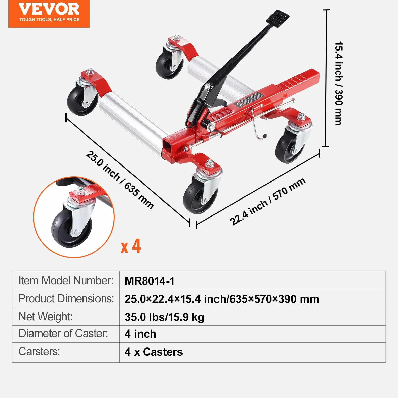 VEVOR Camión de Manipulación de Vehículos Mueve Neumáticos 355,6 mm Carga de 680 kg Pie de Carraca con 4 Ruedas de Bloqueo Gato Hidráulico para Posicionamiento de Vehículos Reparación de Coches