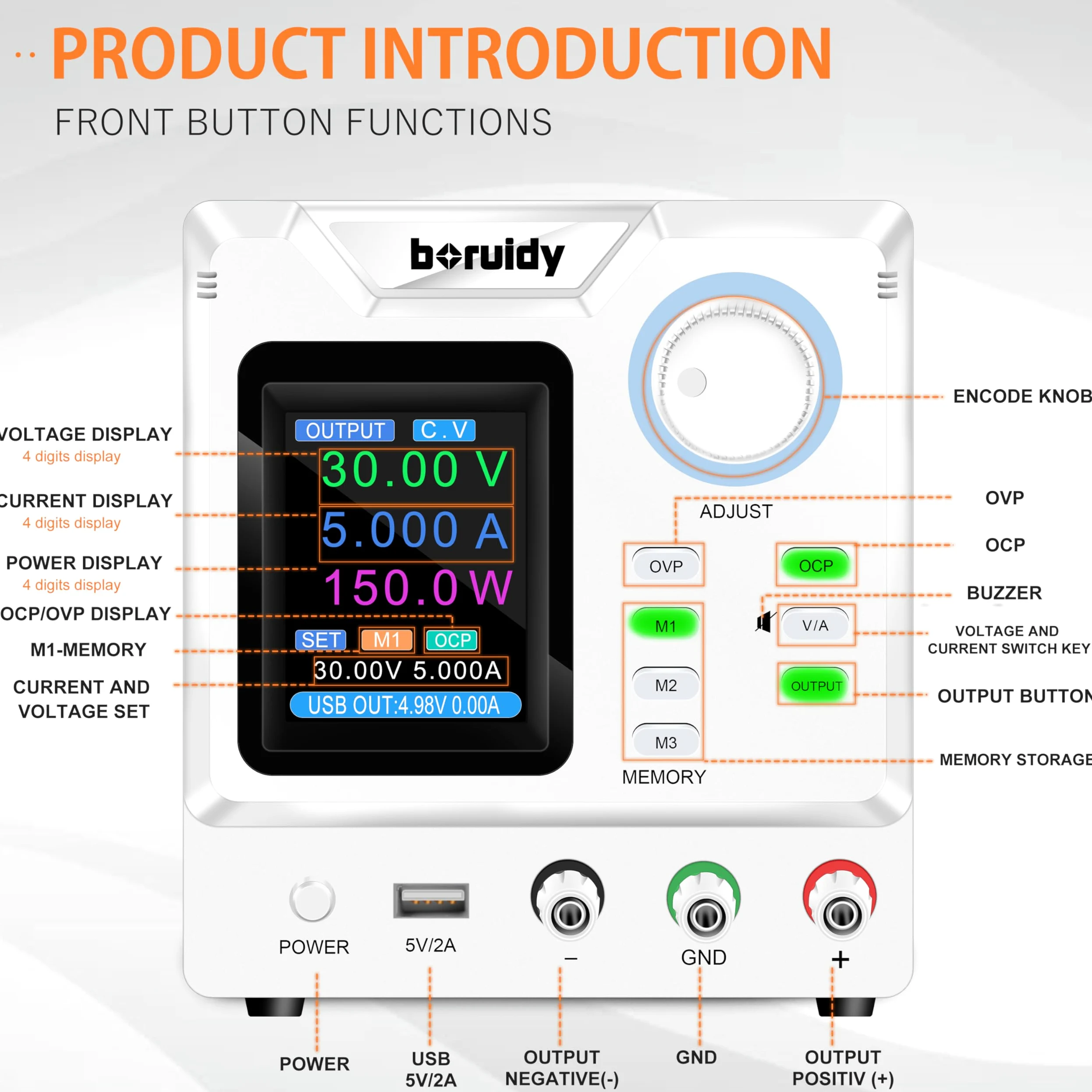 Alimentación de laboratorio ajustable 30 V 5 A boruidy 150 W codificador de alimentación estabilizada ajustable con memorias/salida/OCP OVP con carga rápida USB Pantalla en tiempo real y pantalla TFT