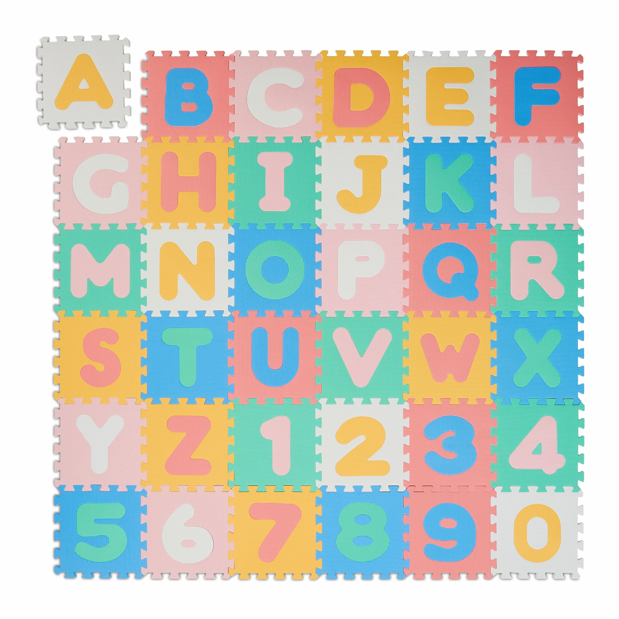 Relaxdays Alfombra Infantil Puzzle ABC y Números, 36 Piezas, 171 x 171 cm, Gomaespuma, Multicolor