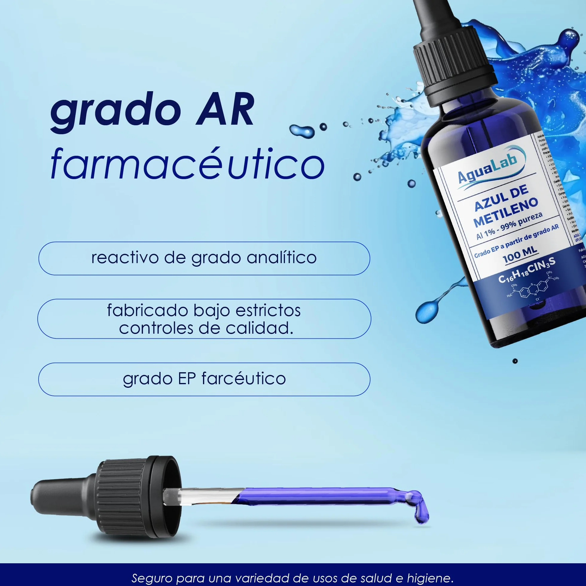 Solución de Azul de Metileno 1% EP-USP 99% 100 ml Grado Farmacéutico Vidrio Azul Protector UV con Gotero