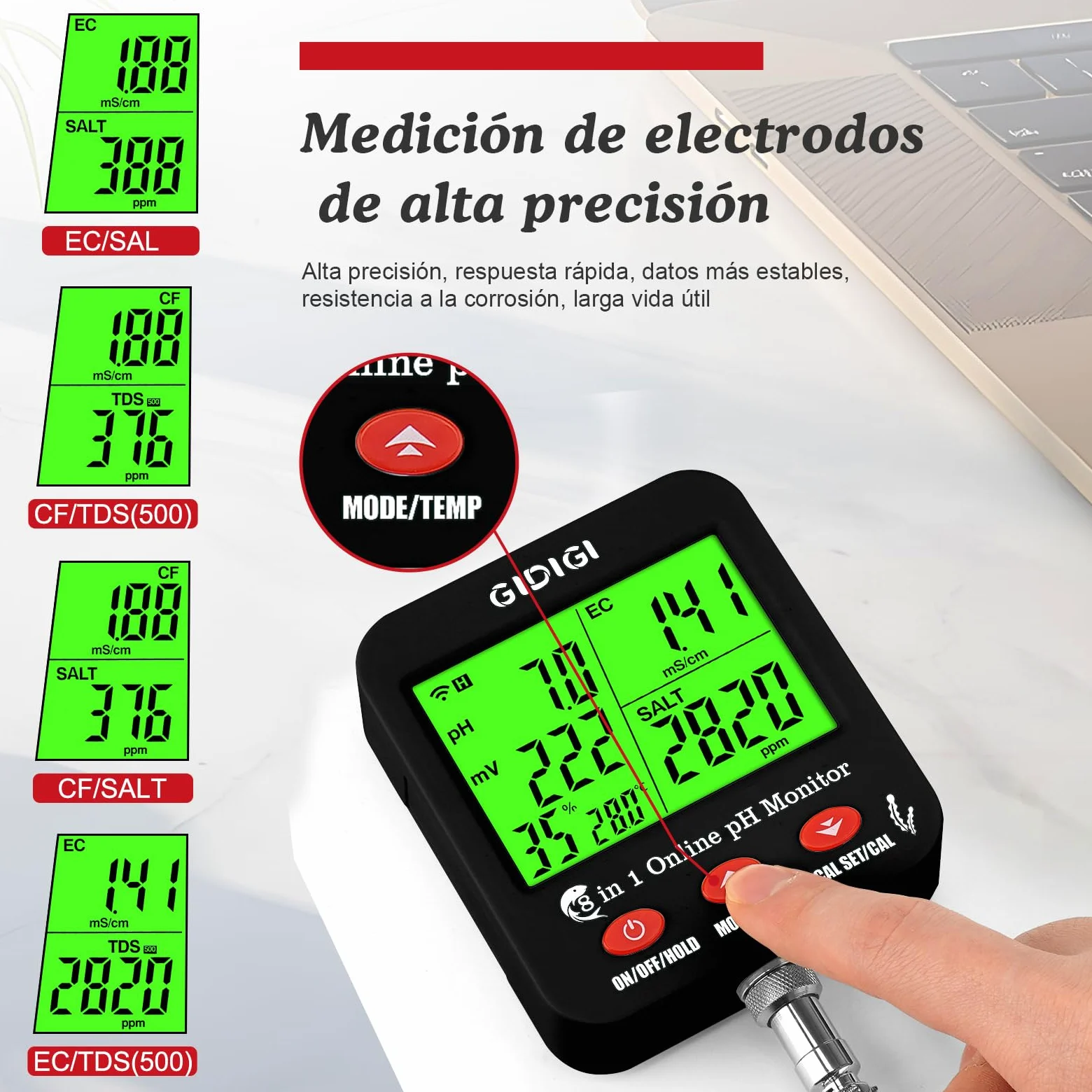 Medidor pH Acuario inteligente, Continuo pH Hidroponia Monitor | Pantalla Grande Puede Mostrar Múltiples Parámetros Simultáneamente,8 en 1 pH EC PPM ORP Sal y Humedad para Acuario,Hidroponia