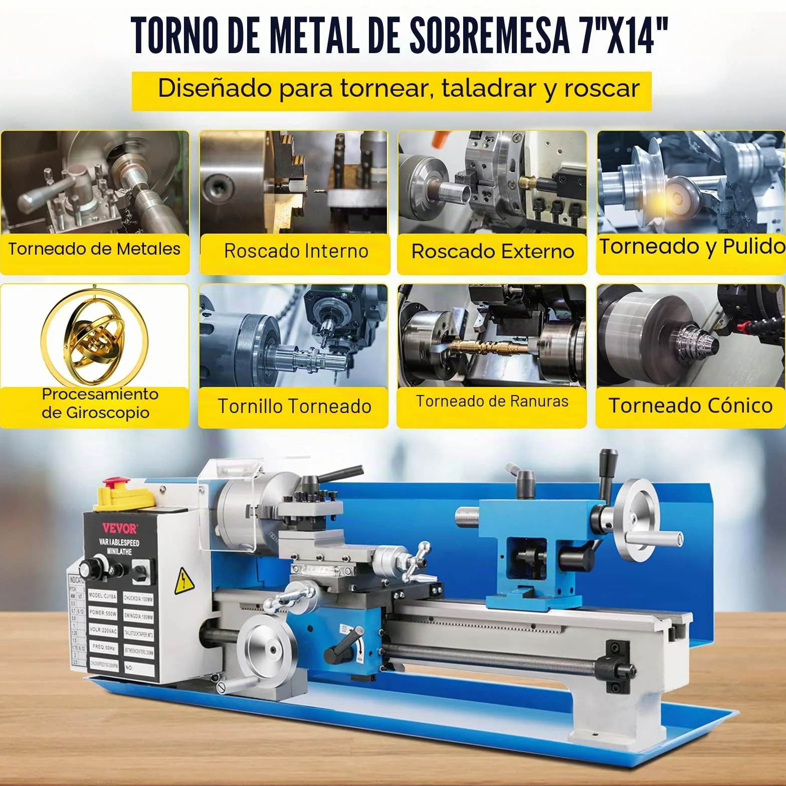 VEVOR Mini Torno de Metal 550W 7"x14" 0-2500 RPM Fresadora Con Hilo en Pulgadas 12-52 TPI y Rosca Métrica 0,5-2,5 mm Para Metales Blandos, Aluminio, Cobre, Vidrio