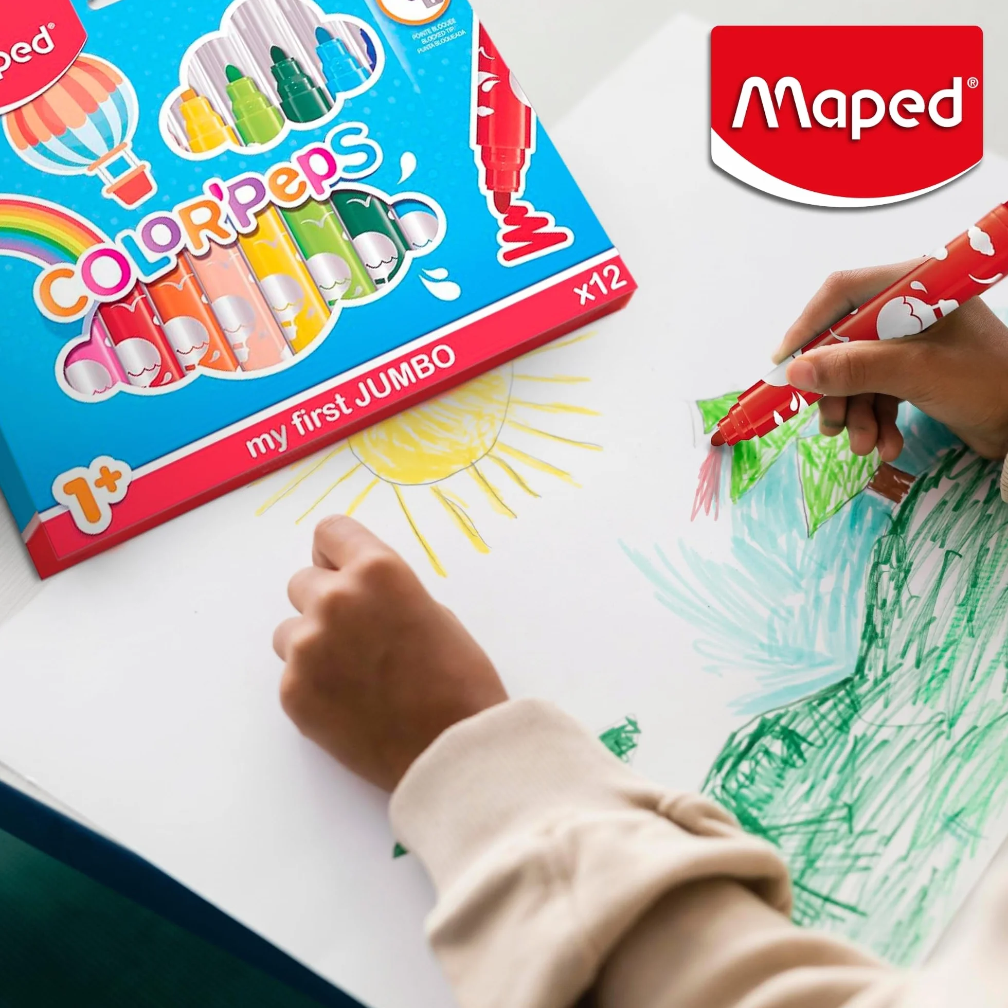 Maped Rotuladores Jumbo para Niños, 12 Colores Vivos, Punta Gruesa, Tinta Ultra Lavable