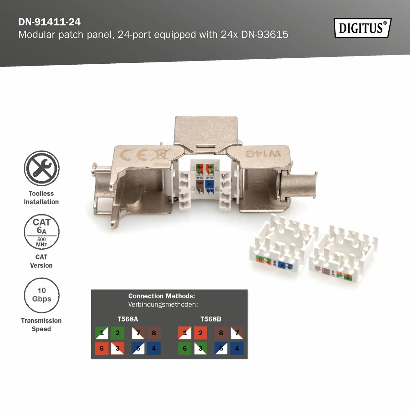 DIGITUS Juego de paneles de conexión CAT 6A 24 puertos DN-93615 500 MHz Montaje en rack 19 pulgadas 1 U Negro