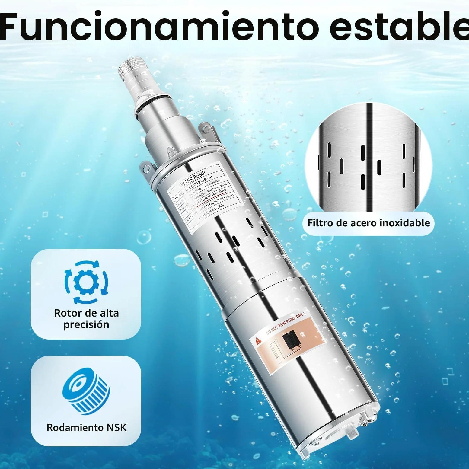 Bomba Para Pozos Profundos, 12 V, 180 W, De Acero Inoxidable, Sumergible, Salida De 25 Mm Hasta 20 M, 1,2 M³/H, Ideal Para Riego O Suministro De Agua