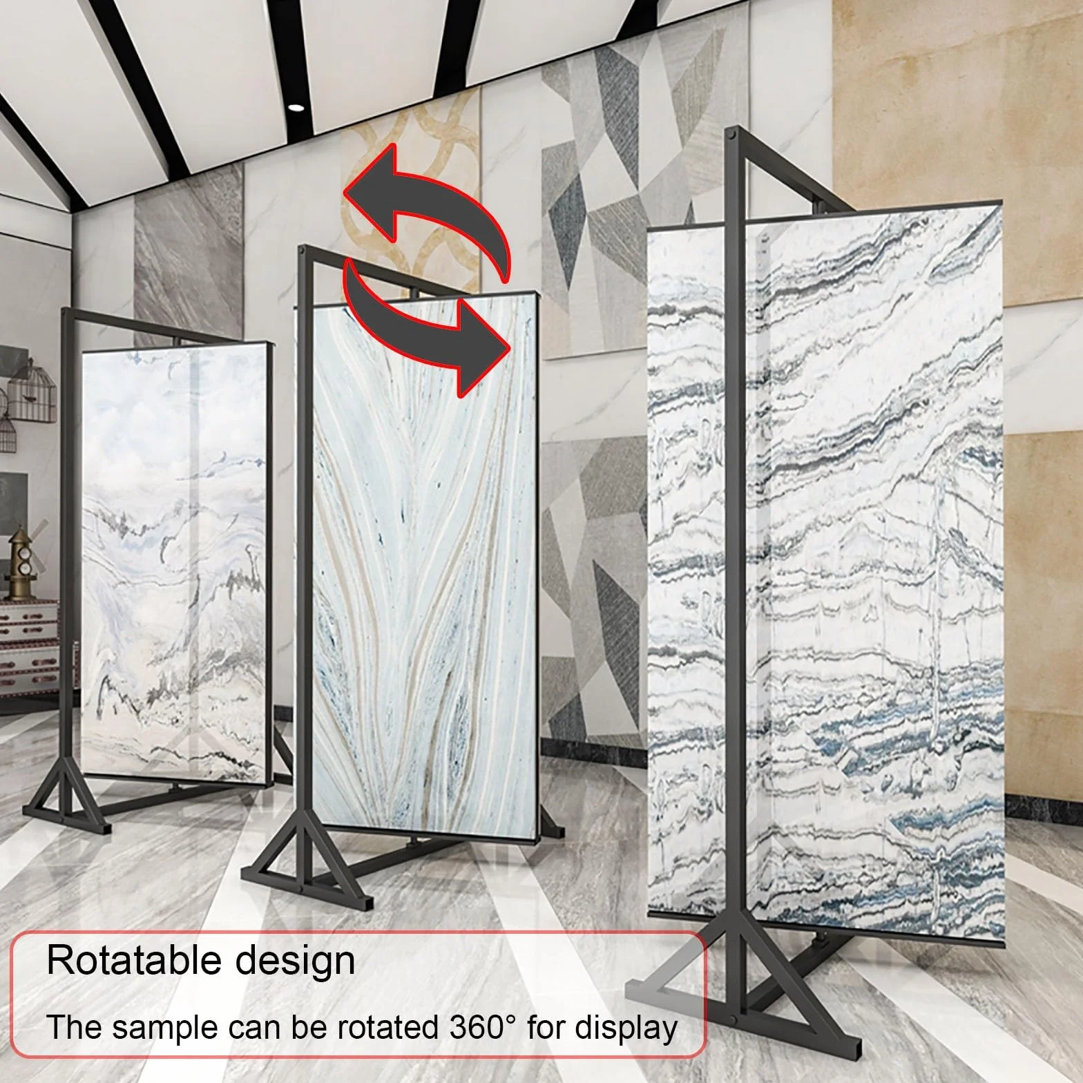 Estante de exhibición de azulejos de metal, soporte giratorio de doble cara para muestras de materiales de construcción, ideal para salas de exposiciones y organización de suelos