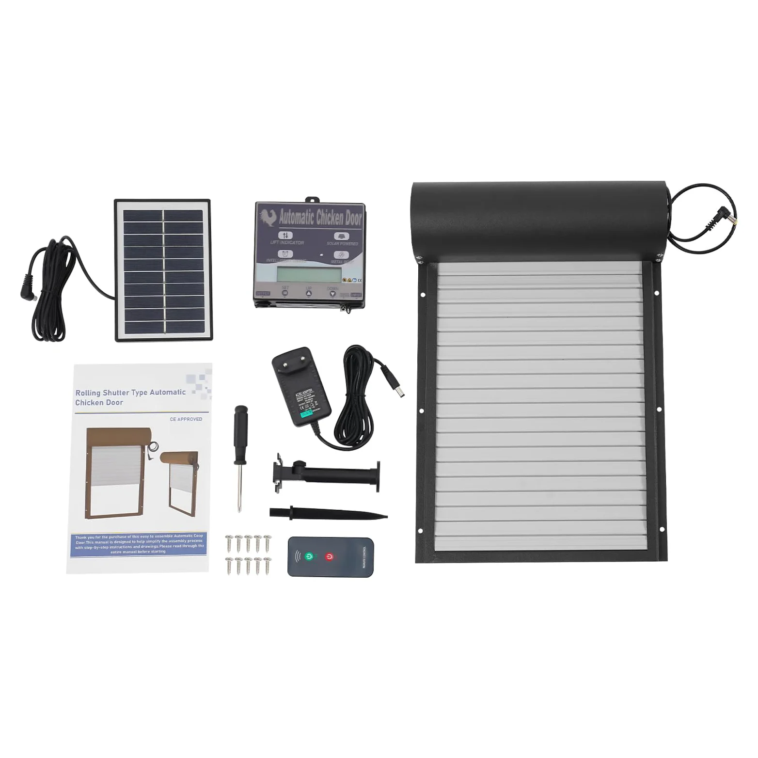 Puerta de pollo automática solar con panel de control, puerta de pollo eléctrica abridor de puerta con mando a distancia/manual/temporizador/modo sensor de luz para aves de corral (negro)