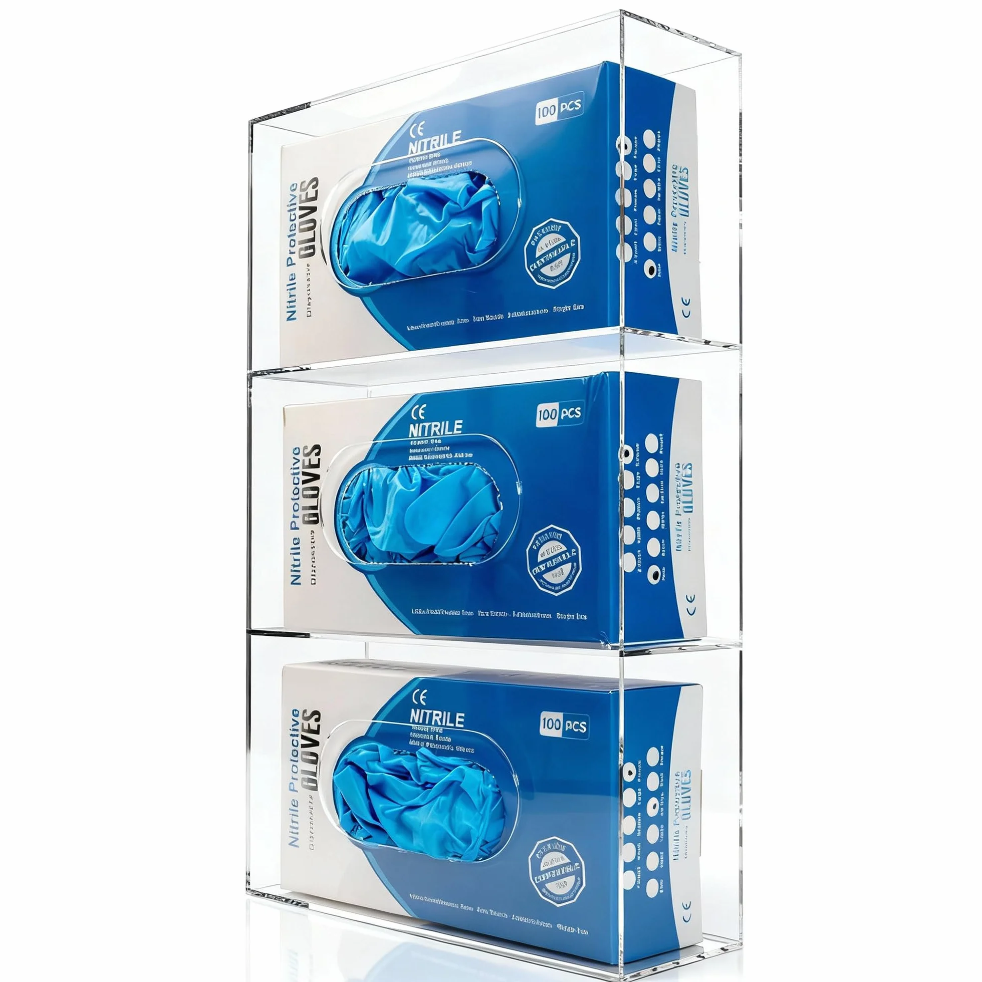 Dispensador acrílico triple compartimento carga lateral para guantes desechables médicos