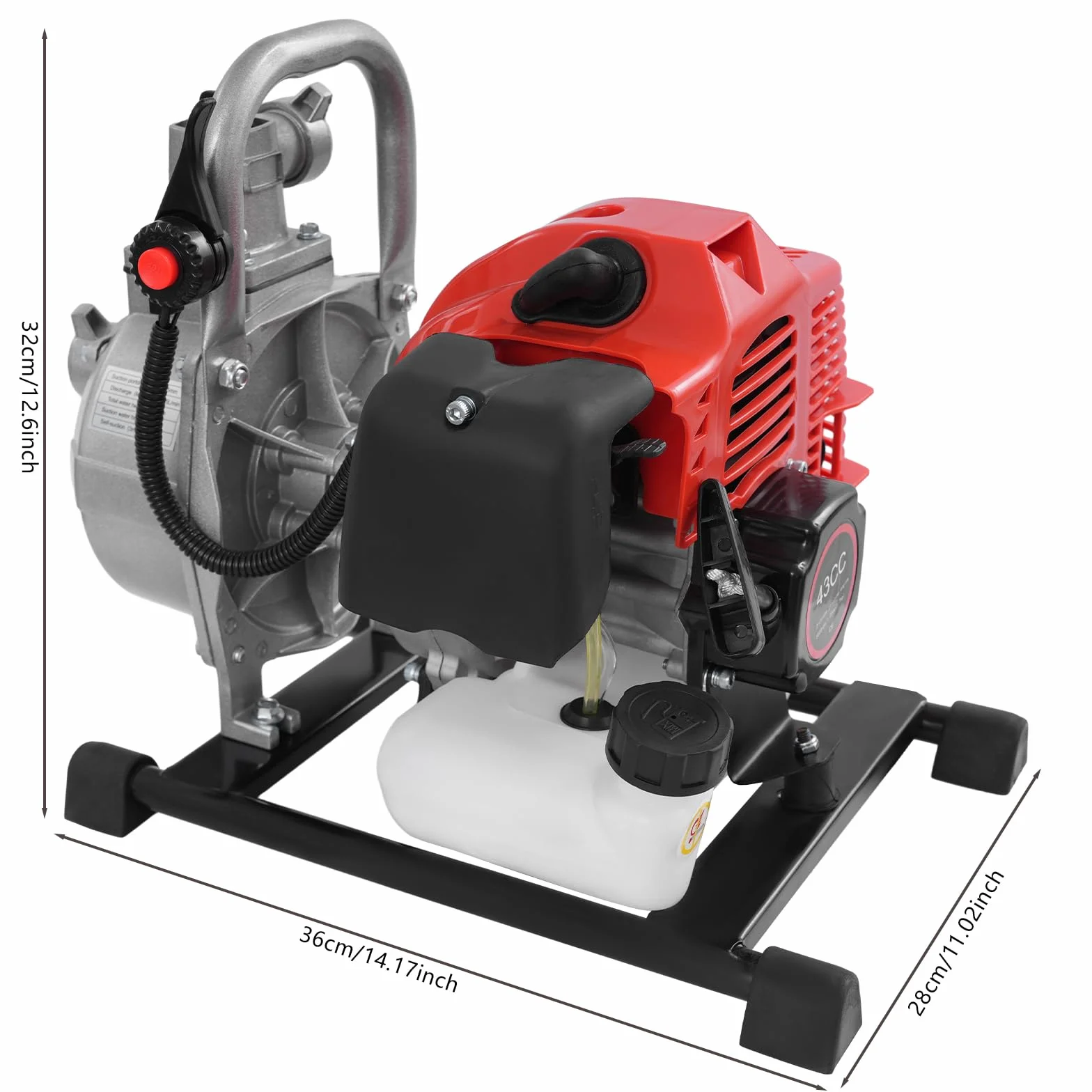Bomba de agua, gasolina, 2 tiempos, bomba de jardín, 1,7 HP 43 cc, 10 m³/h, 30 m, altura de extracción de 25 mm, conector de 2 m, tubo de entrada (plata+negro+rojo)