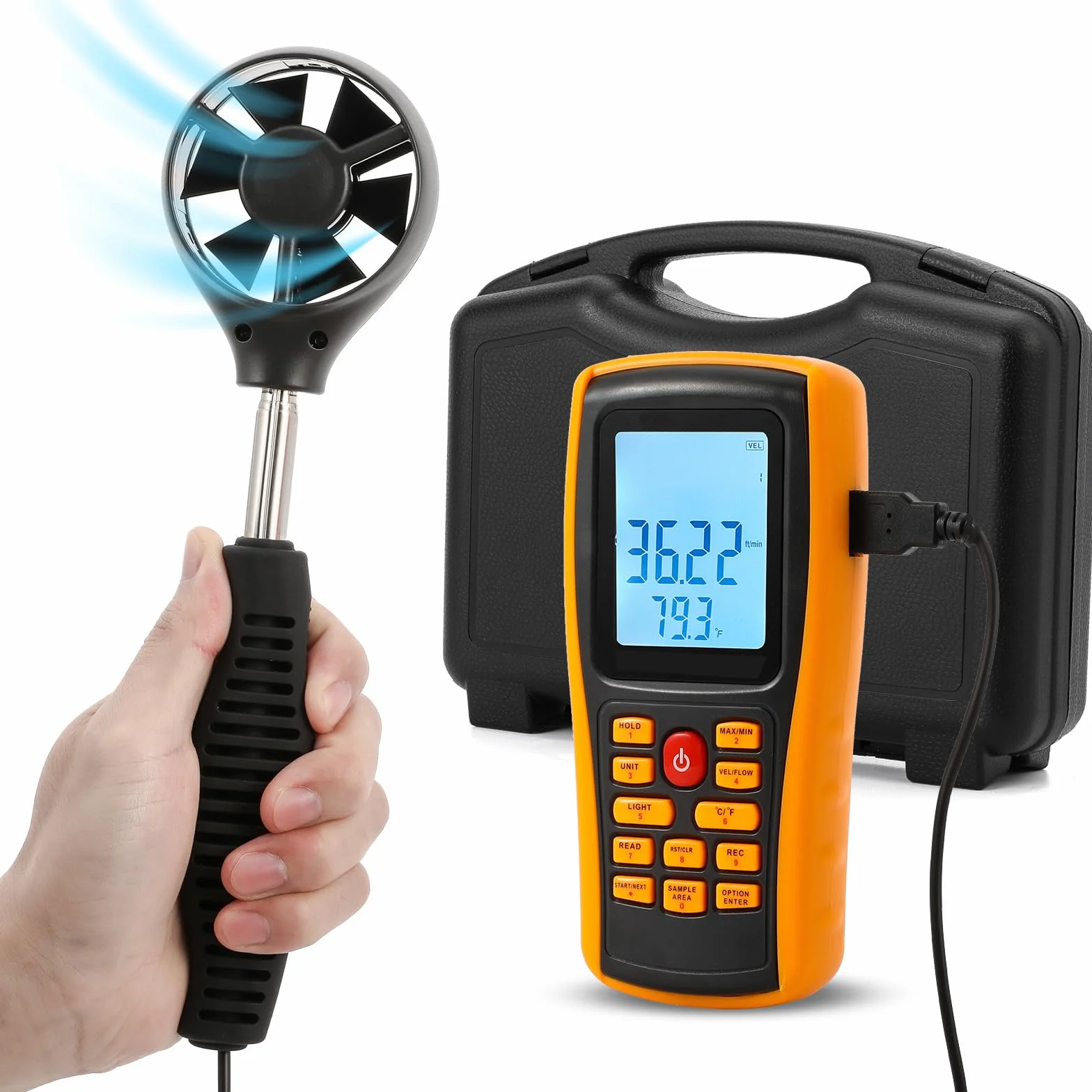 Bonvoisin Anemómetro de mano CFM CMM Medidor velocidad flujo aire pantalla LCD retroiluminada HVAC conducto