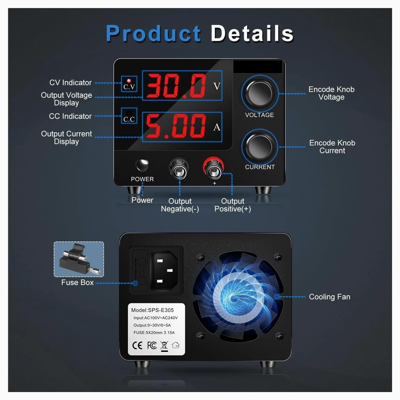 Fuente de alimentación de Laboratorio DC Variable 0-30V 0-5A Ajustable, Fuente de alimentación conmutada regulada, regulador de Voltaje para Banco de Trabajo de Mantenimiento (15V 10A)