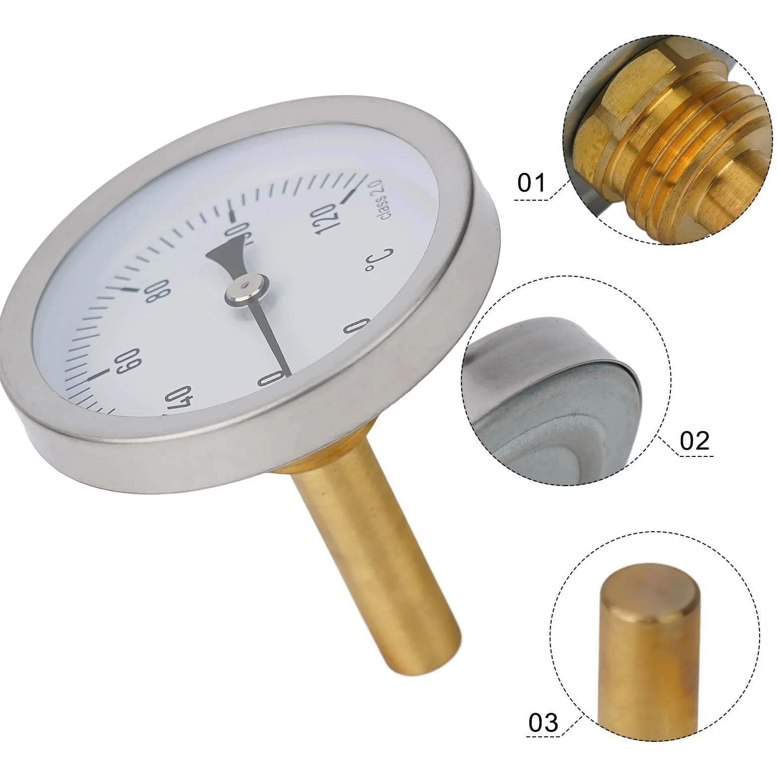 Termómetro bimetálico 63 mm acero inoxidable latón 1/2 pulgada 0-120 °C para calderas