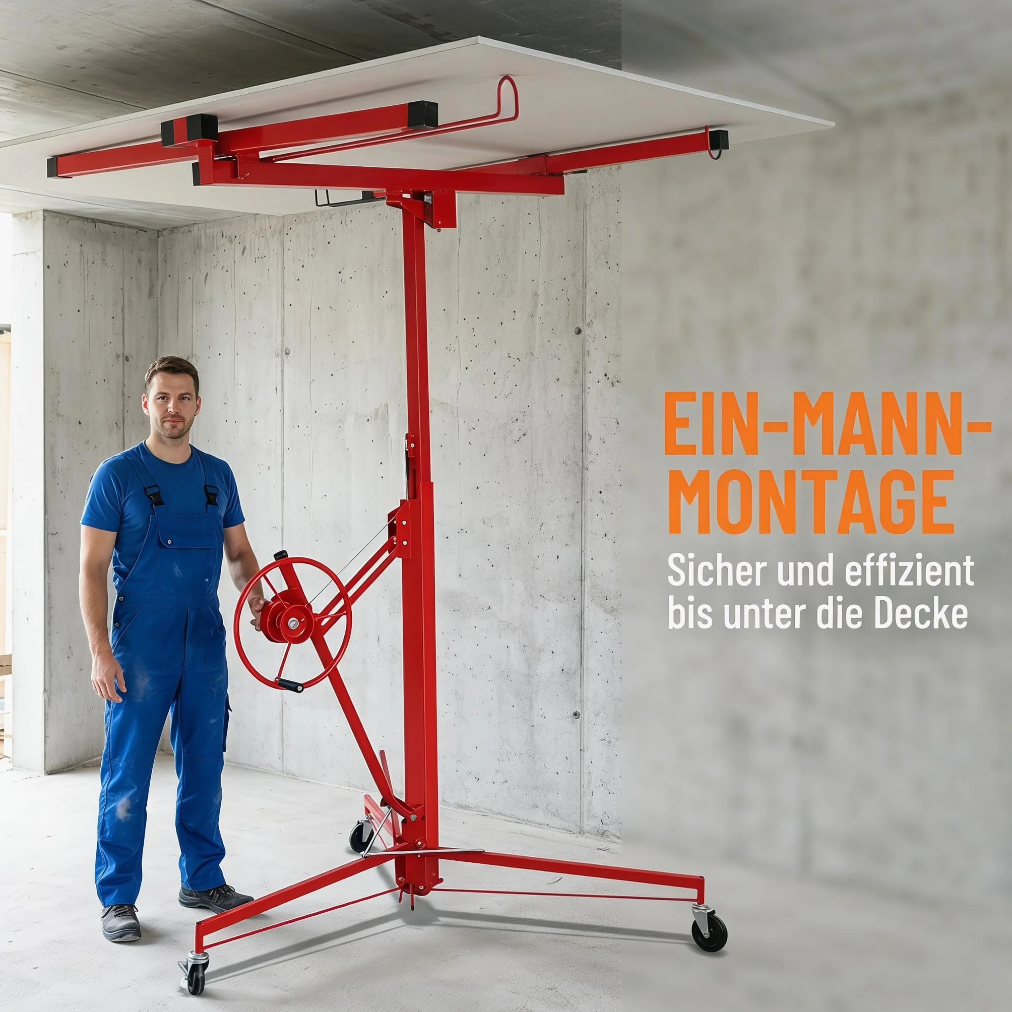 Ikodm - Elevador de placas plegable XXL para paneles de yeso, altura de trabajo ajustable de 132-335 cm, ancho máximo del brazo de carga de 290 cm y capacidad de carga de 68 kg, Rojo