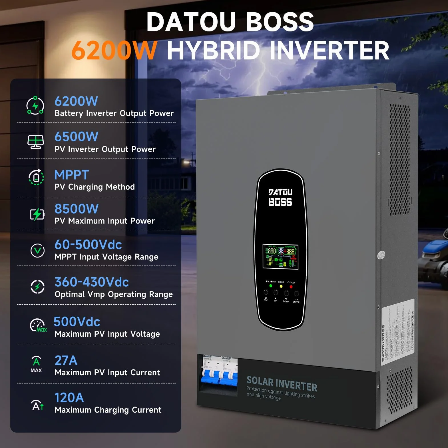 DATOUBOSS Inversor de corriente solar híbrido de 6200 W, 48 V CC a 230 V CA, inversor de onda sinusoica pura con MPPT de 120 A, entrada fotovoltaica de 8500 W, compatible con baterías de litio de 48 V