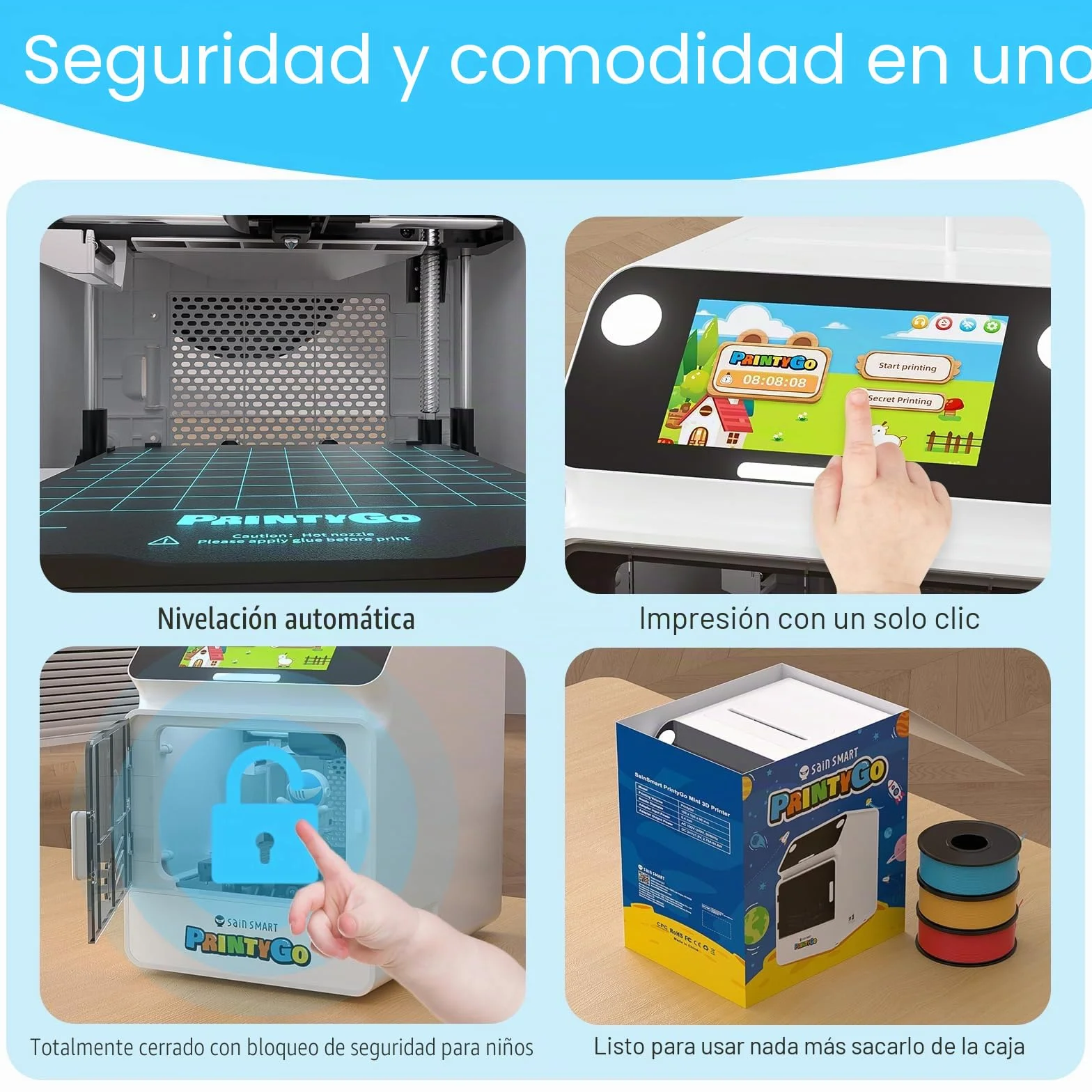 SainSmart Impresora 3D PrintyGo Mini para niños, 600 mm/s, autonivelación, Ideal para Principiantes, diseño Seguro para niños, Control por Wi-Fi/App, preensamblada para Aprendizaje Stem
