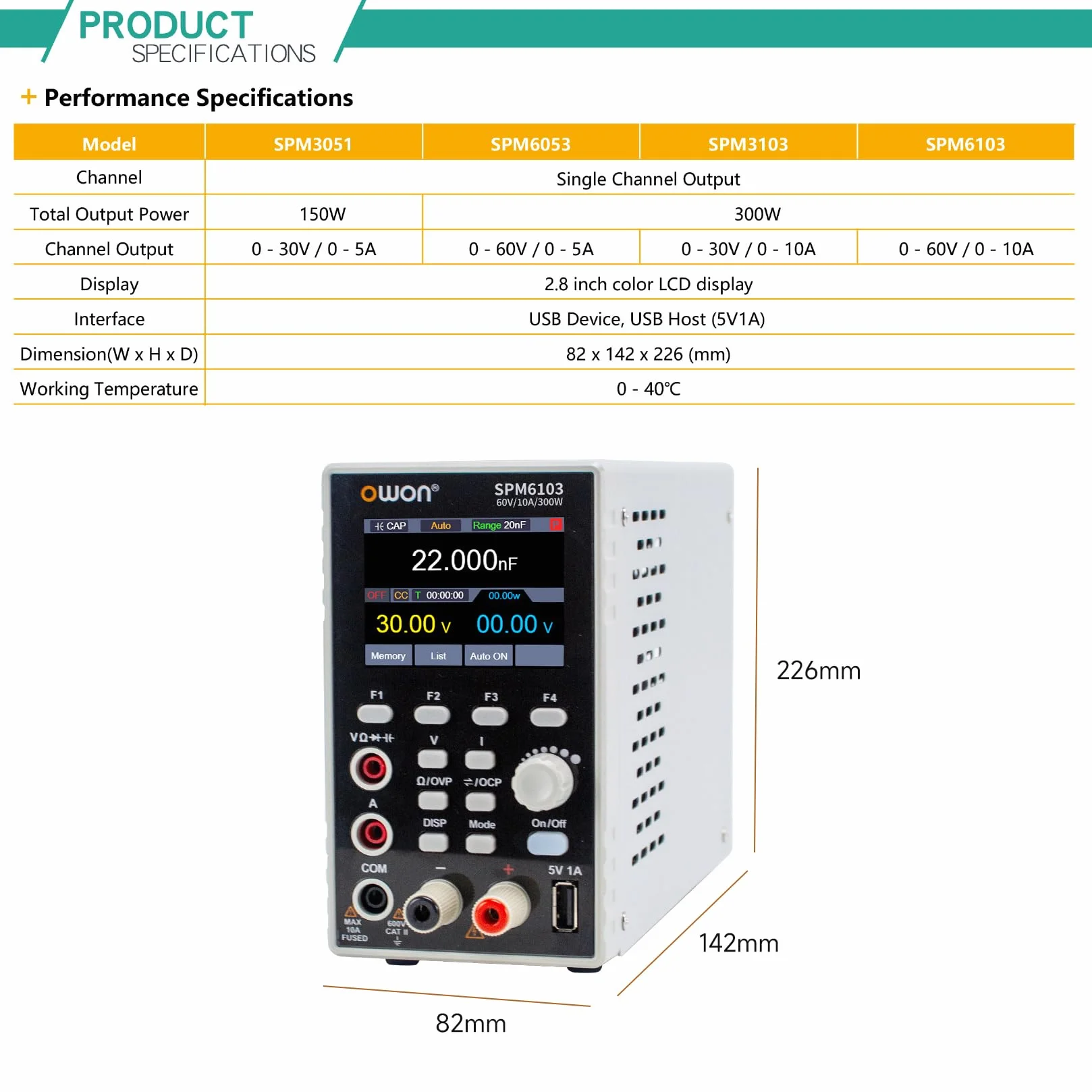 OWON SPM6103 Fuente de Alimentación CC (0-60V, 0-10A), 2 en 1 Multímetro y Banco de Laboratorio con Pantalla LCD de 2.8 inch, Multímetro Digital 4 1/2