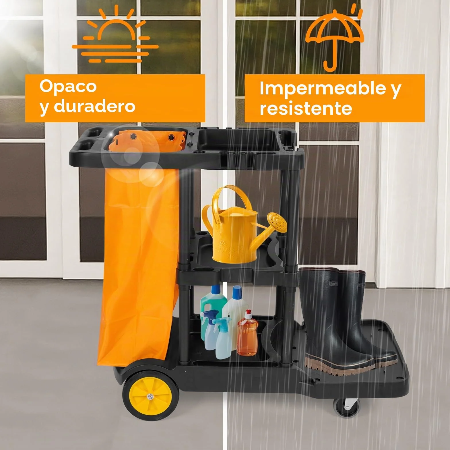 Bimiti Carro de limpieza profesional con bolsa extragrande, 113x56x93 cm, 3 niveles de gran capacidad, carrito de limpieza, bolsa de basura de 65 L, amarillo y negro