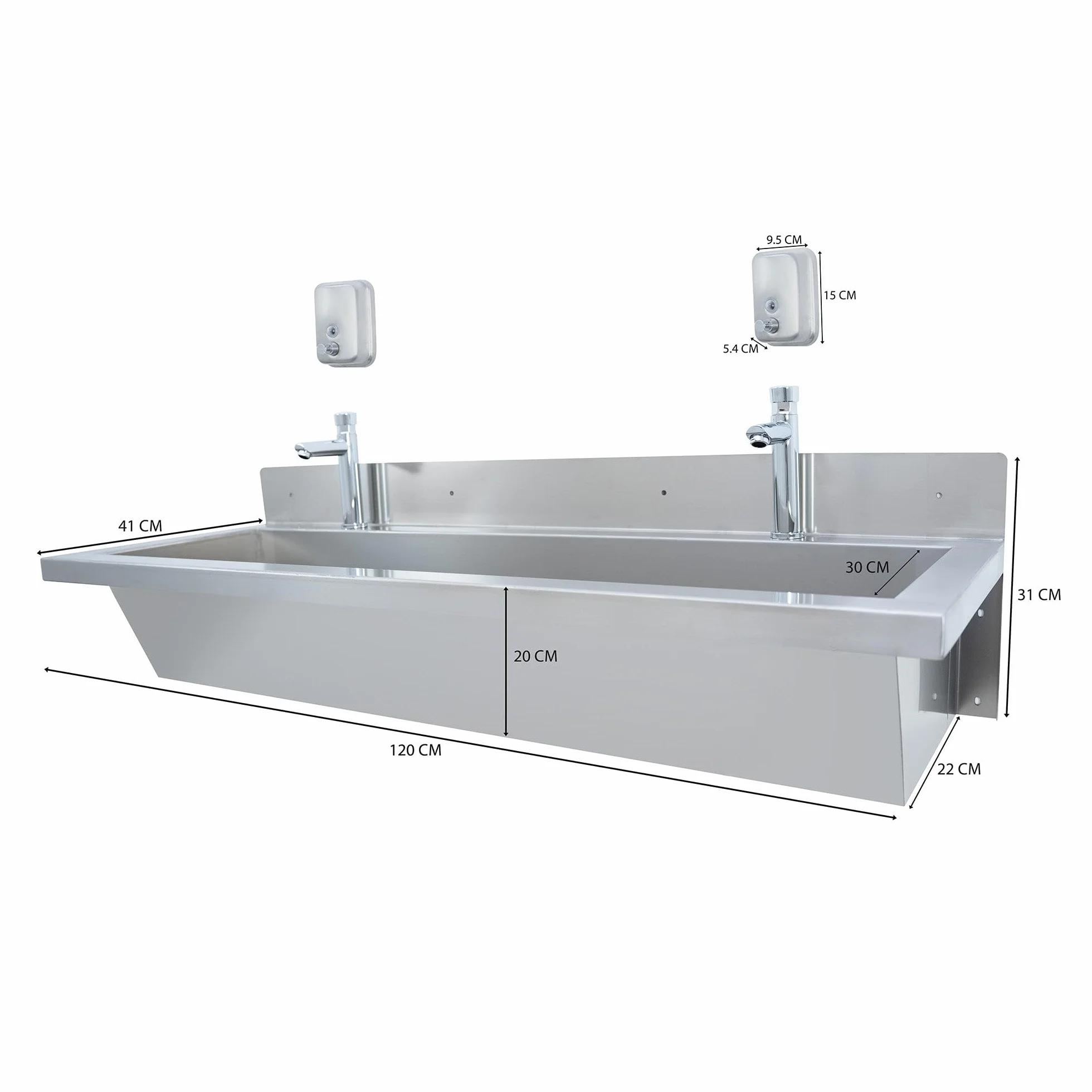 Lavamanos Colectivo Profesional 120 cm Acero Inoxidable 304 con Grifos Temporizados, Válvula Mezcladora de Temperatura y 2 Dispensadores de Jabón 500 ml