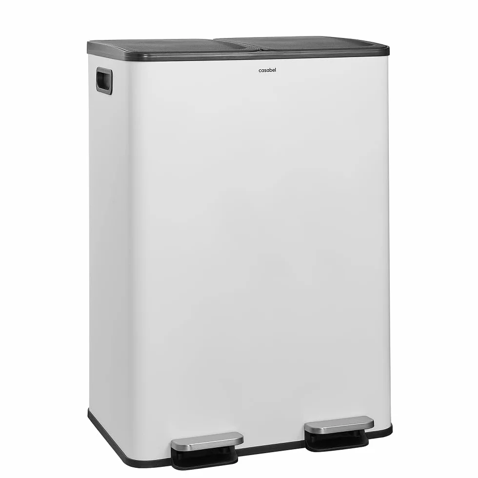 CASABEL Cubo de Basura Selectiva 60L, 2 x 30 Litros, Compartimentos Dobles 2x30L, Acero Inoxidable blanco, Papelera de Reciclaje de Pedal Rectangular, Anti Trazas, Anti Olores