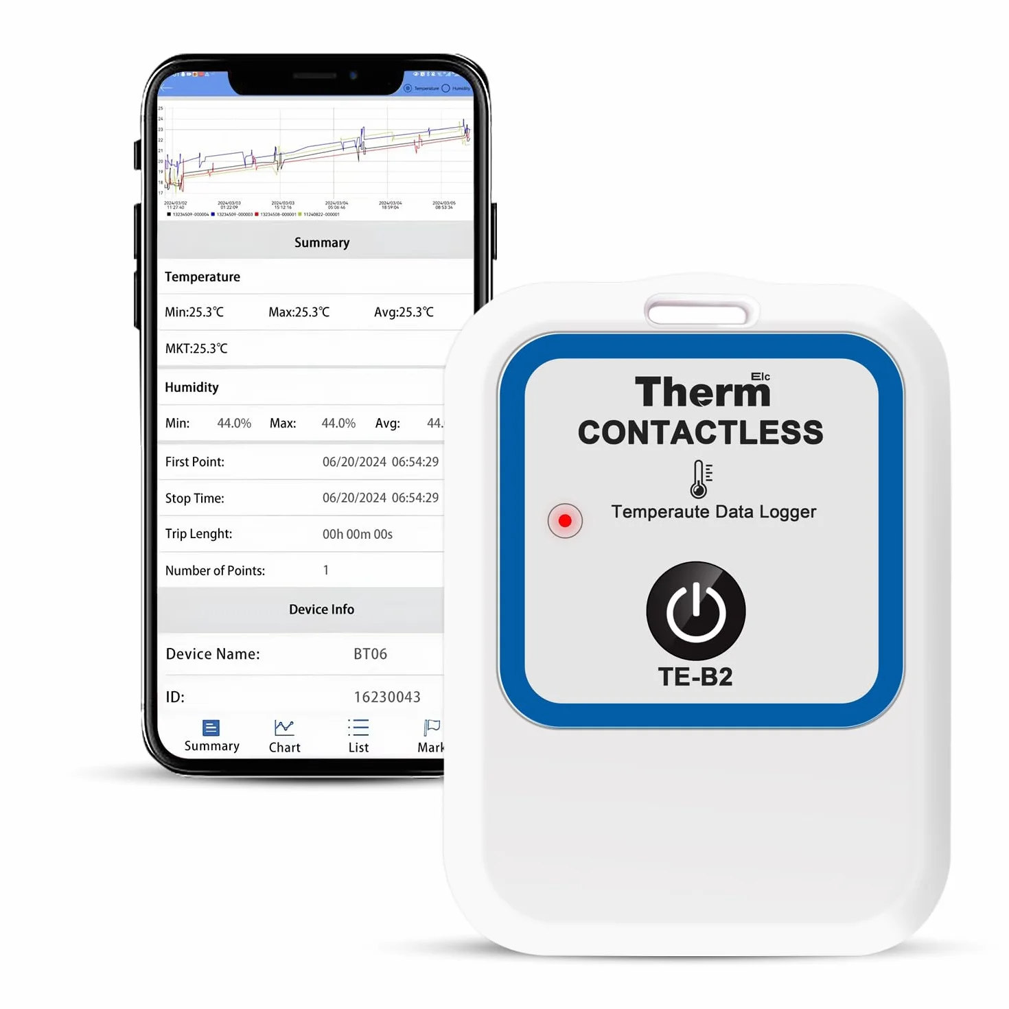ThermElc TE-B2 Registrador Datos Temperatura Para Vacunas,Compatible con la Norma EN12830, Monitor Para Refrigeradores de Farmacia con cálculo MKT, 12000 Puntos,Reutilizable,Informes PDF sin Contacto