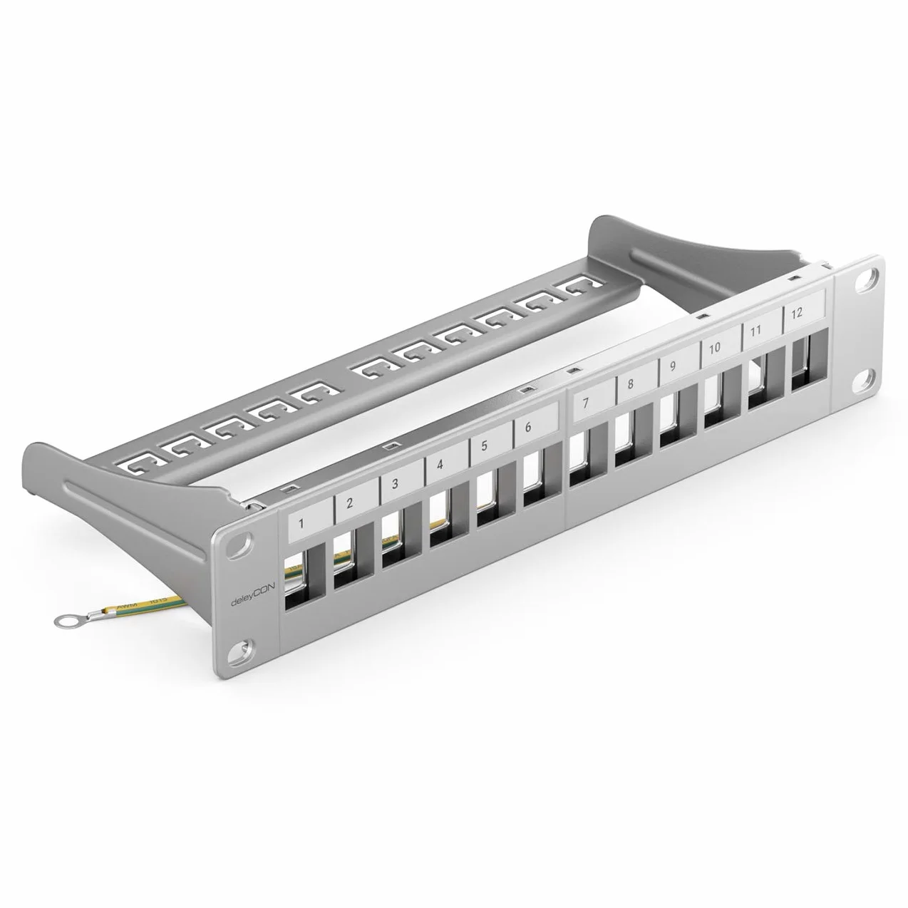 deleyCON Panel Patch 12 Puertos Modular Keystone 1 HE 10" Montaje Rack Compatible CAT6 CAT7 CAT8 LAN Gris