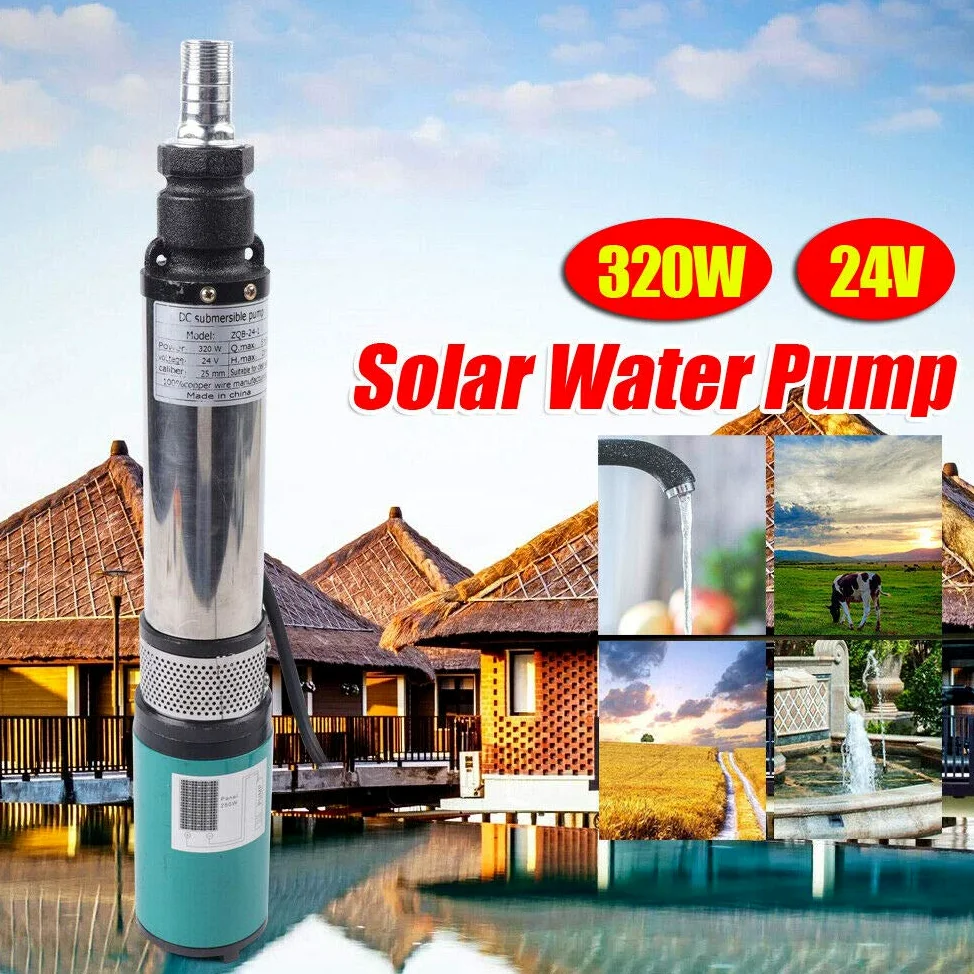 Bomba de inmersión solar para pozos profundos, CC 24 V, 320 W, acero inoxidable, 5 m³/h, 25 m