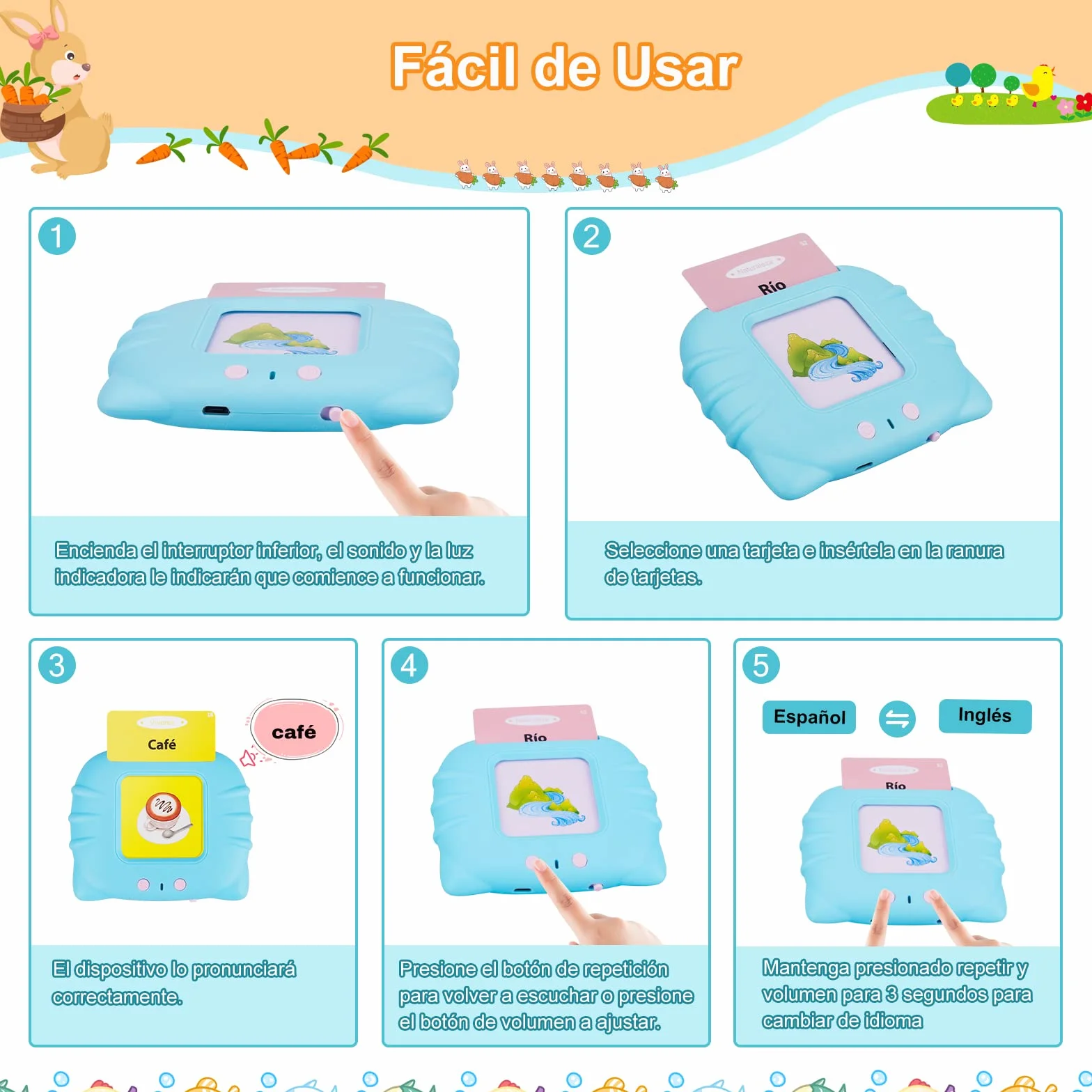 Tarjetas Flash Parlantes Juguetes de Aprendizaje 1-6 Años 112 Hojas 224 Español Palabras Juguetes Educativos Audibles Recurso Preescolar Electrónico Azul