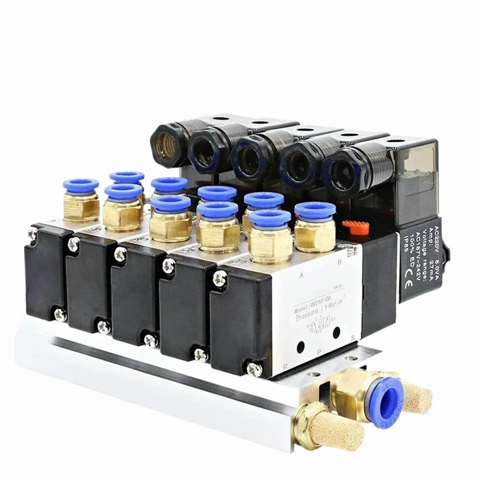 Bloque de electroválvula neumática multiusos 4V210-08 de 12/24 V CA y 110/220 V CA con silenciador y colector de base de 2/3/4/6 vías(2 Row 4mm fitting,DC24V)
