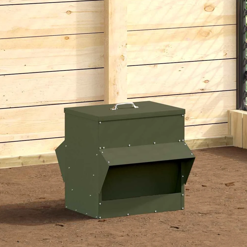 Comedero para gallinas, color verde oliva, 40,5 x 45 x 41 cm, acero laminado en frío