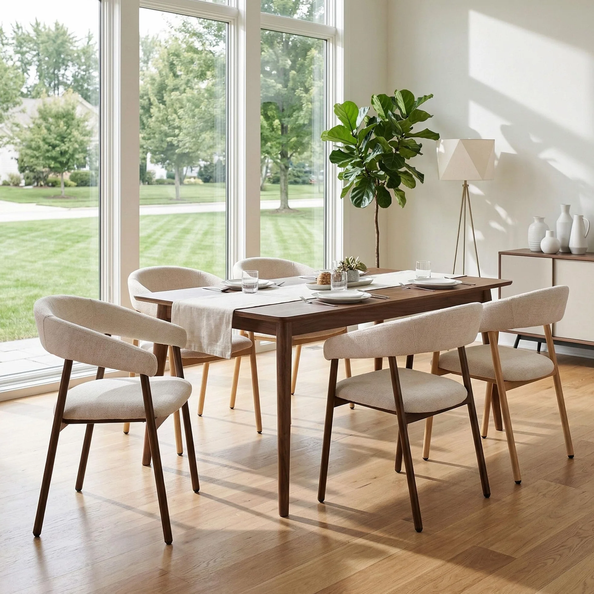Juego de 4 sillas de Comedor Modernas ergonómicas de felpilla tapizadas con reposabrazos y Respaldo Curvado, Patas de Metal con Grano de Madera, Color Beige