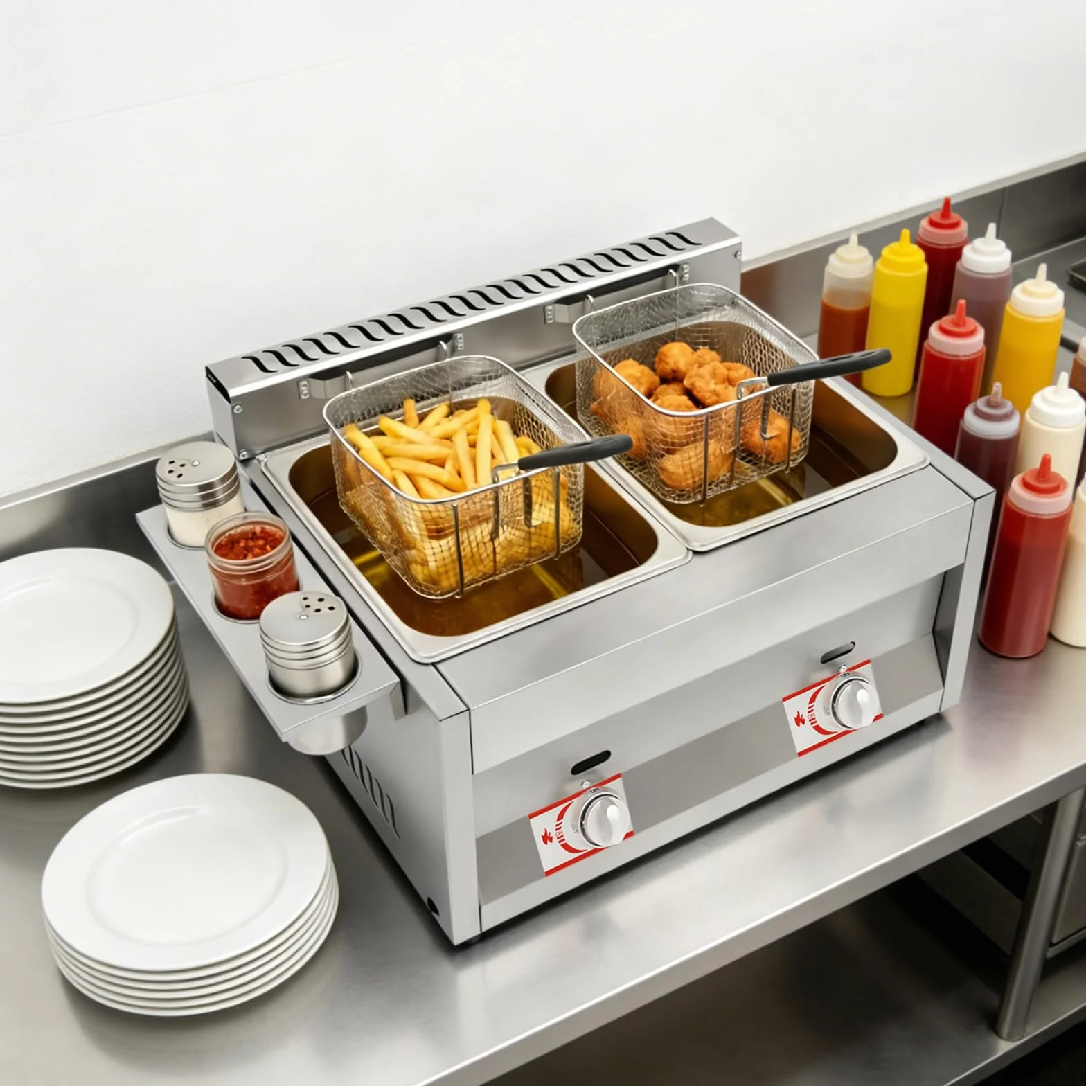 Freidora gastronómica doble de gas de acero inoxidable 430, 2 x 6,34 l, 50 – 380 °C, con tapa para patatas fritas, pollo, comercial, para restaurante, aperitivo, cocina comercial, fiesta