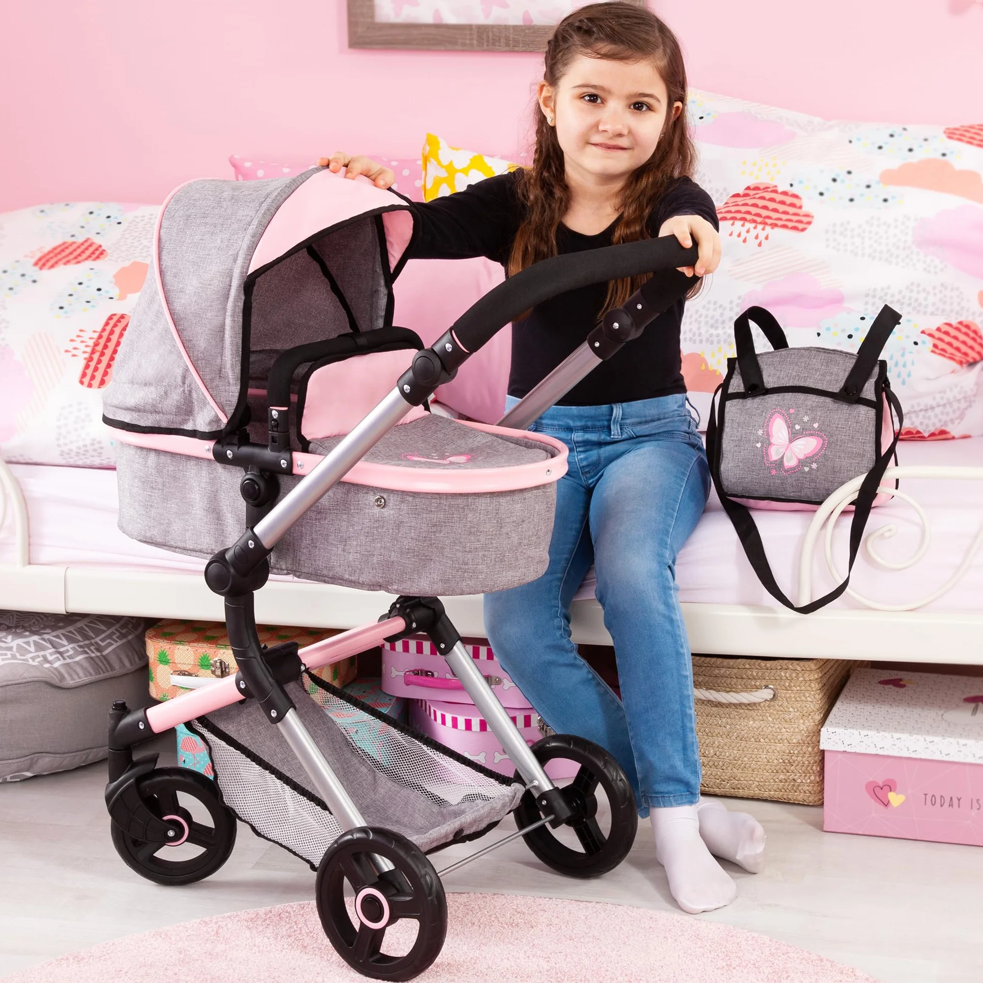 Bayer Design Cochecito de Muñecas Neo Vario Combolso Cambiador Convertible Plegable Vaqueros Grises Rosa Mariposa