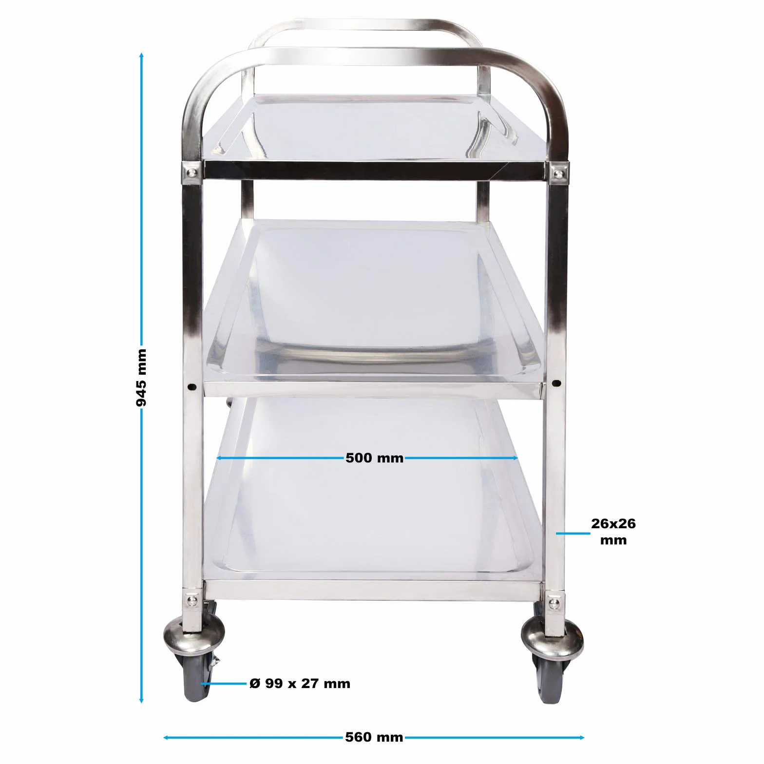 WilTec Carro de Servicio de Acero Inoxidable 3 Niveles 150kg Carrito Cocina Carrito té Camarera con Frenos