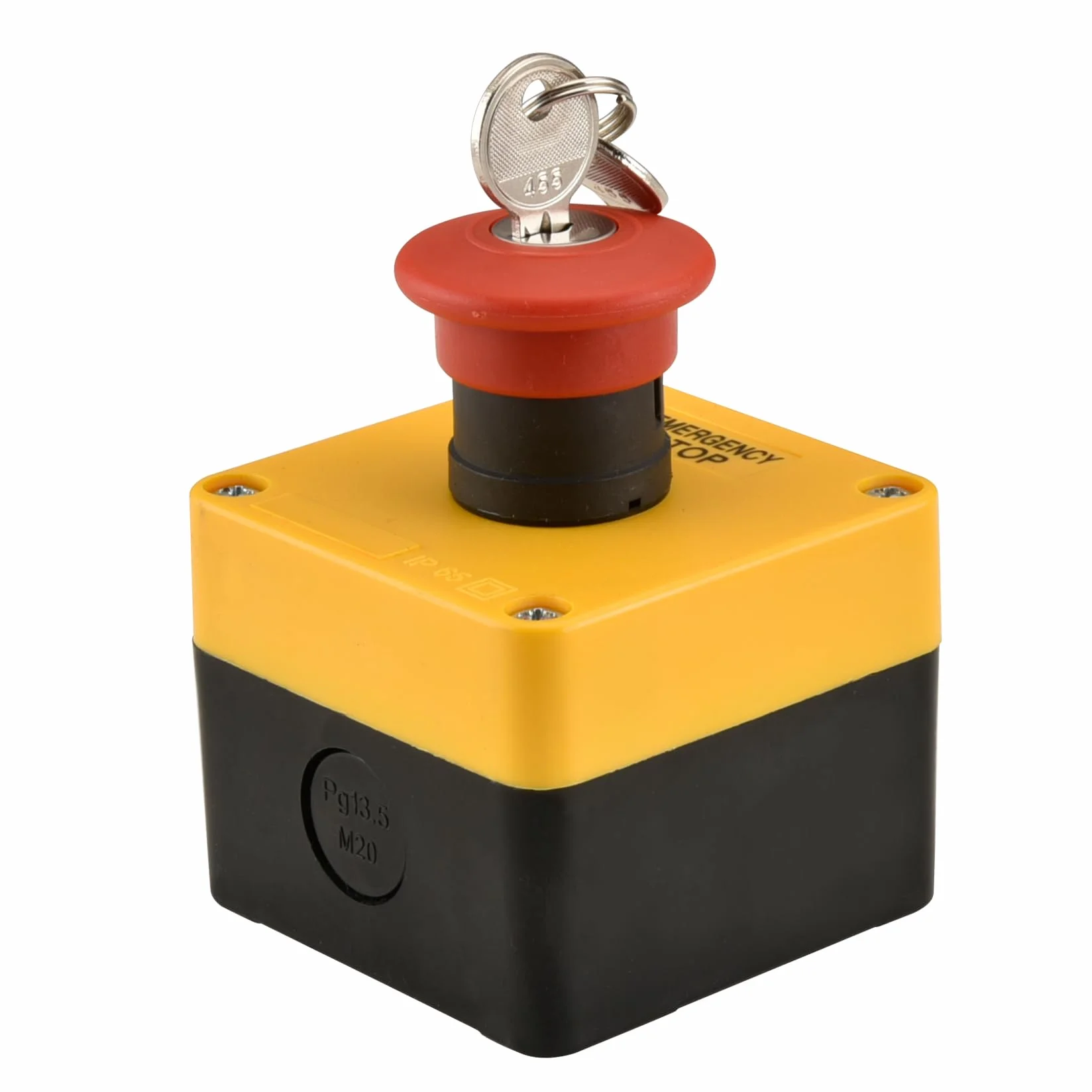 Heschen Interruptor de emergencia IP65 resistente a la intemperie con carcasa y llave, 2NC 660 V 10 A, interruptor de botón rojo con inscripción EMERGENCY STOP para industria, 1 unidad