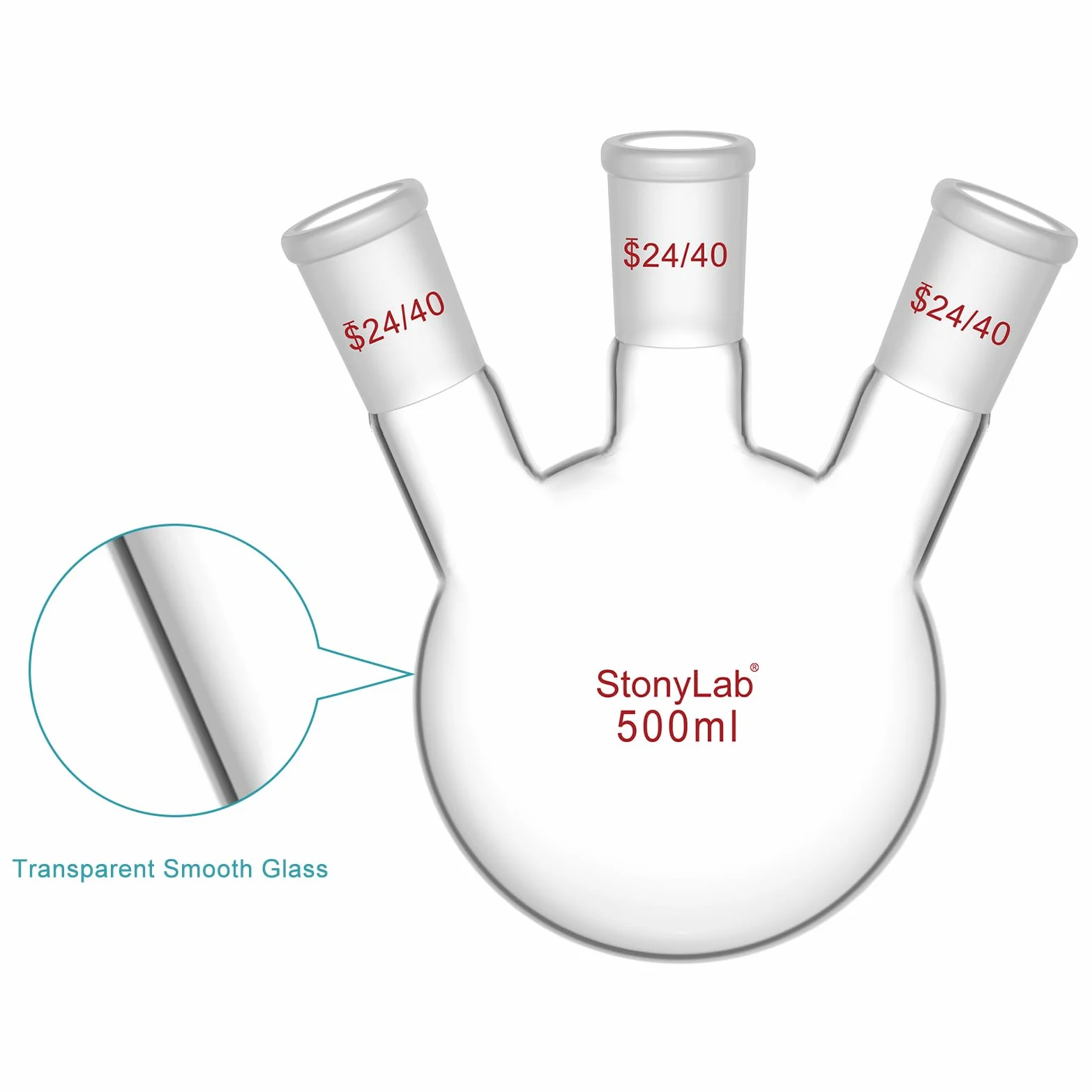 Borosilicato Vidrio Balón de Destilación Tres-Cuellos 500ml 24/40 Cónicos Estándar