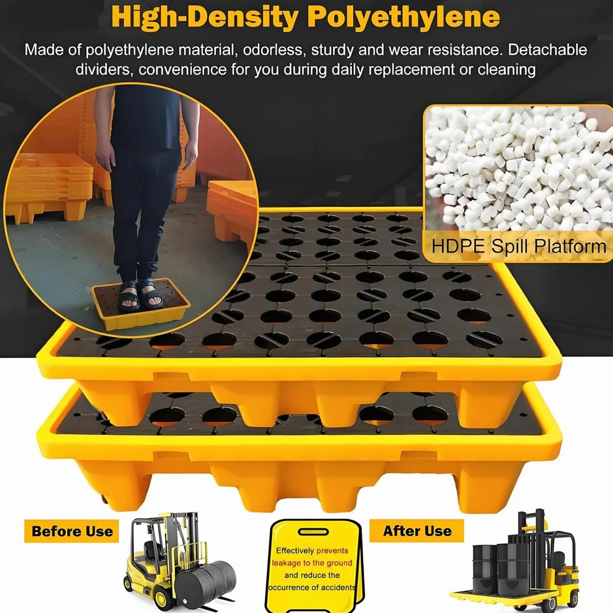 Plataforma modular industrial antiderrames, tarima para almacenamiento de bidones de pintura, plataforma de transporte modular extraíble con drenaje, para almacenamiento en garaje 60*60*15cm