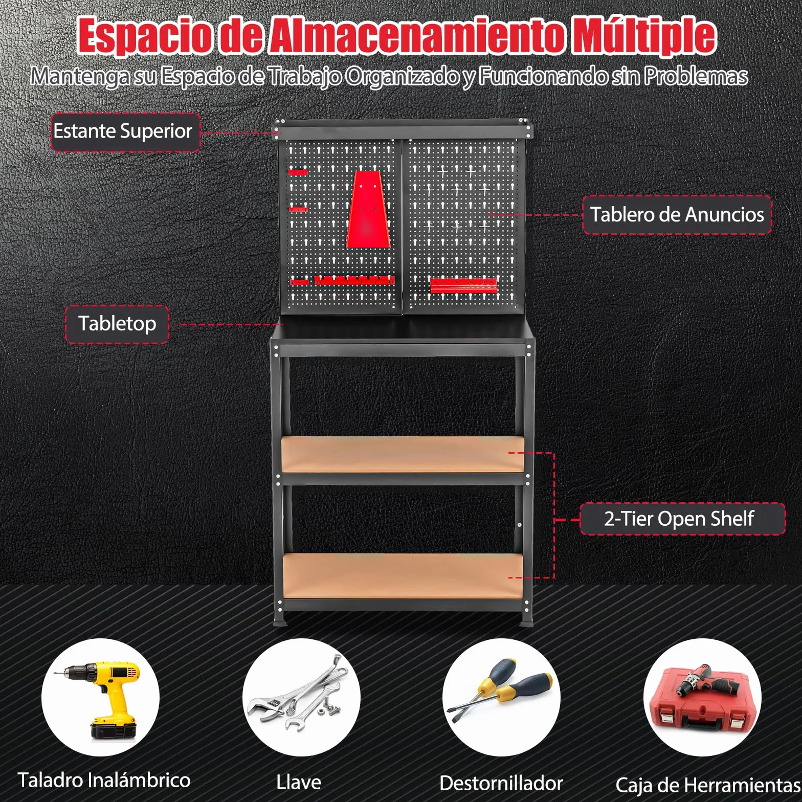 Banco de Trabajo Taller GYMAX, Capacidad Carga 100 kg, Mesa con Pared Perforada, 13 Accesorios, Negro
