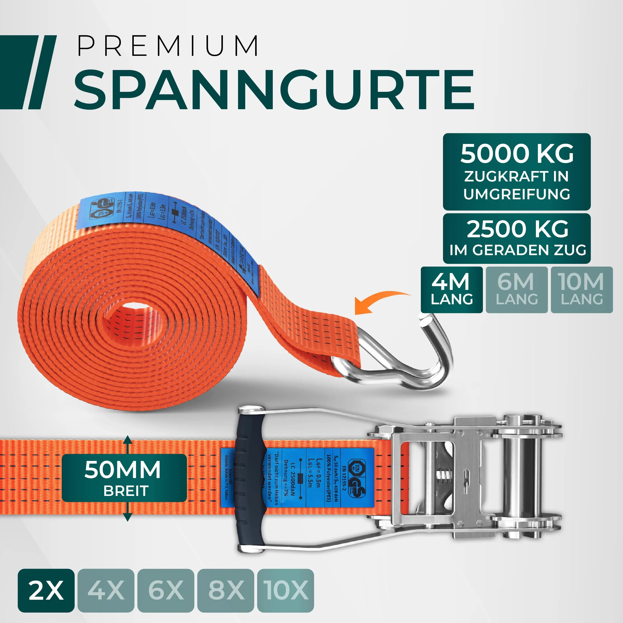 Correas de carraca 5000 kg 4 m TÜV GS DIN juego de 2