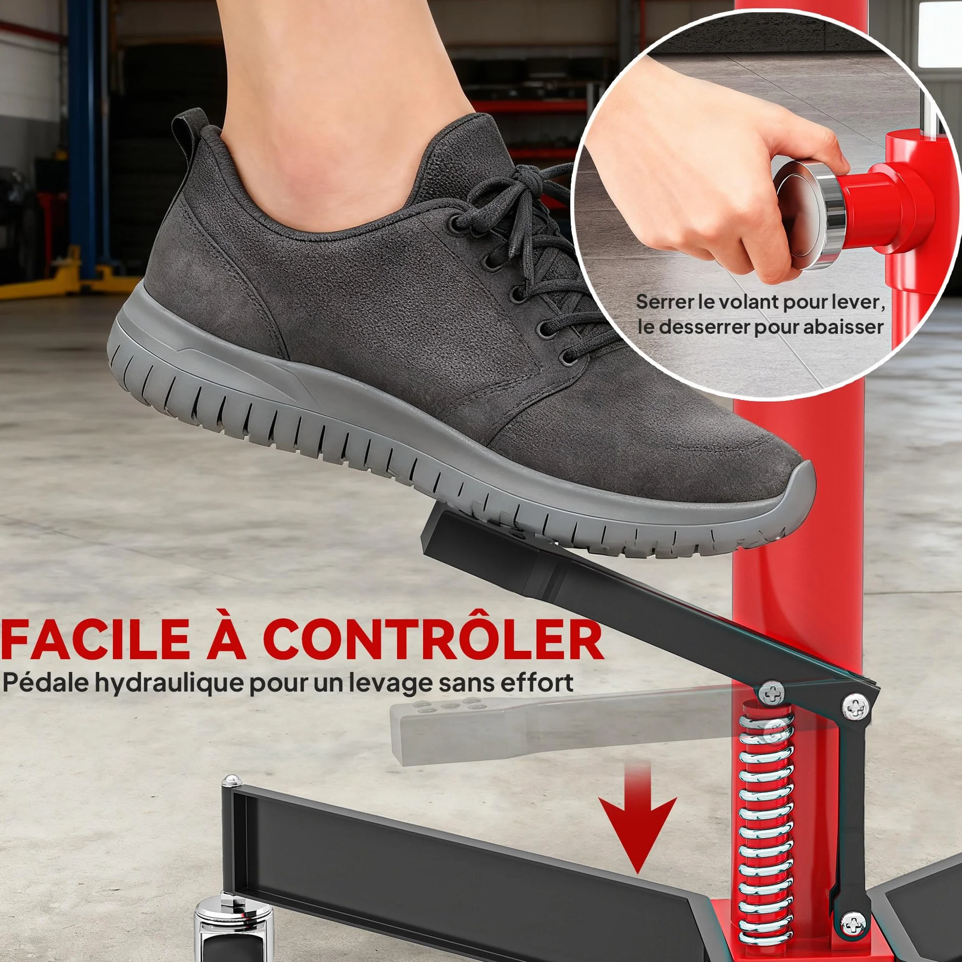 HOMCOM Gato hidráulico de foso para caja de cambios, gato elevador de acero 500 kg, altura regulable 110-191,5 cm, gato hidráulico de transmisión 4 ruedas giratorias, pedal, para coches, rojo