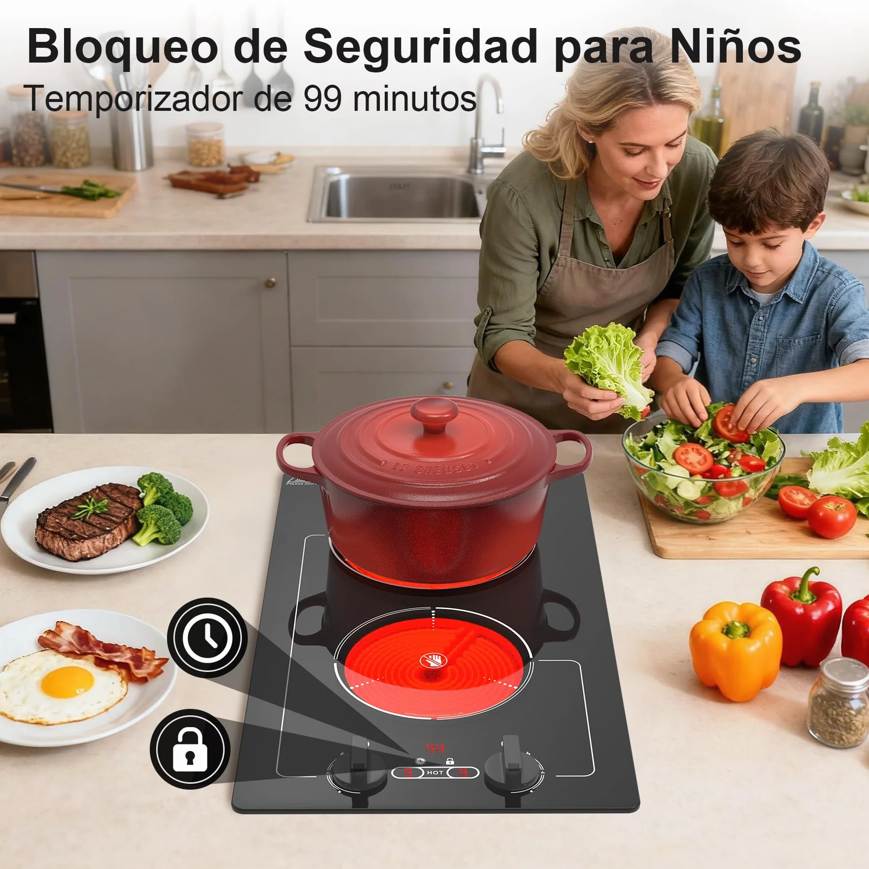 Placa Vitroceramica 2 Fuegos 220V 3000W Portatil con Enchufe, 9 Niveles, Bloqueo Infantil, Temporizador
