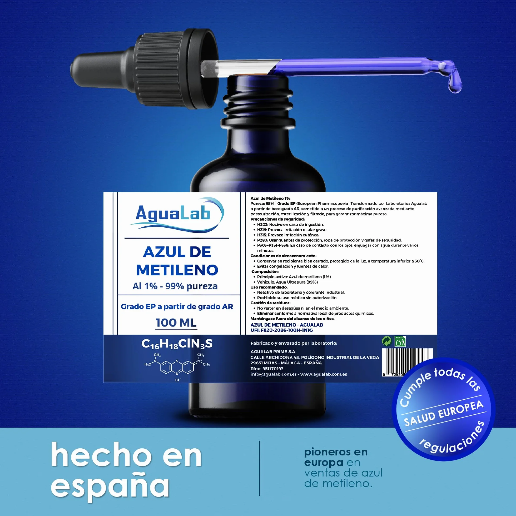 Solución de Azul de Metileno 1% EP-USP 99% 100 ml Grado Farmacéutico Vidrio Azul Protector UV con Gotero