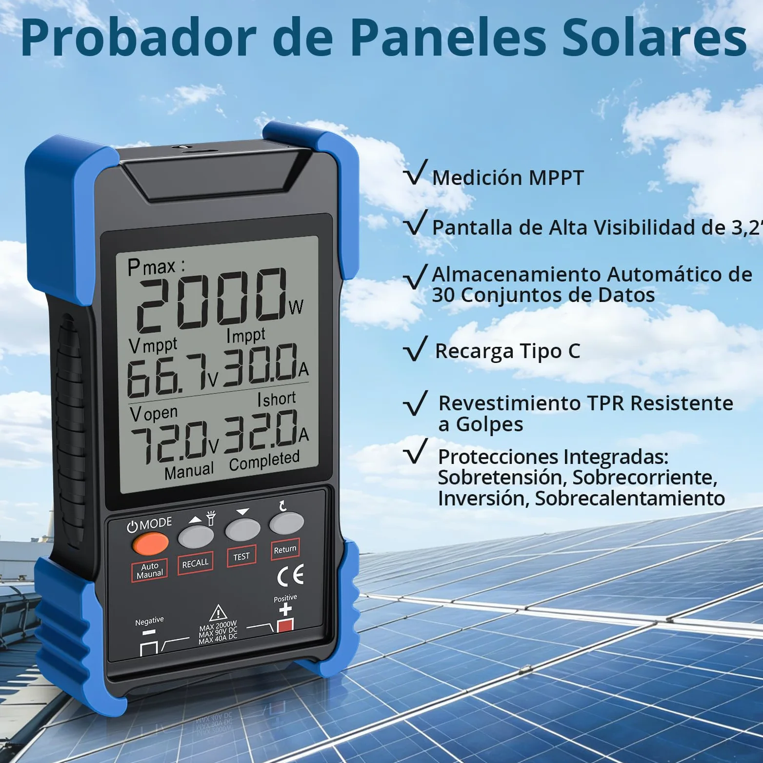 Probador de Panel Solar de 2000 W con MPPT, Medición Pmax/Voc/Isc | Multímetro Fotovoltaico Digital Recargable con Pantalla LCD, Medidor Solar para Pruebas y Mantenimiento de Paneles Solares
