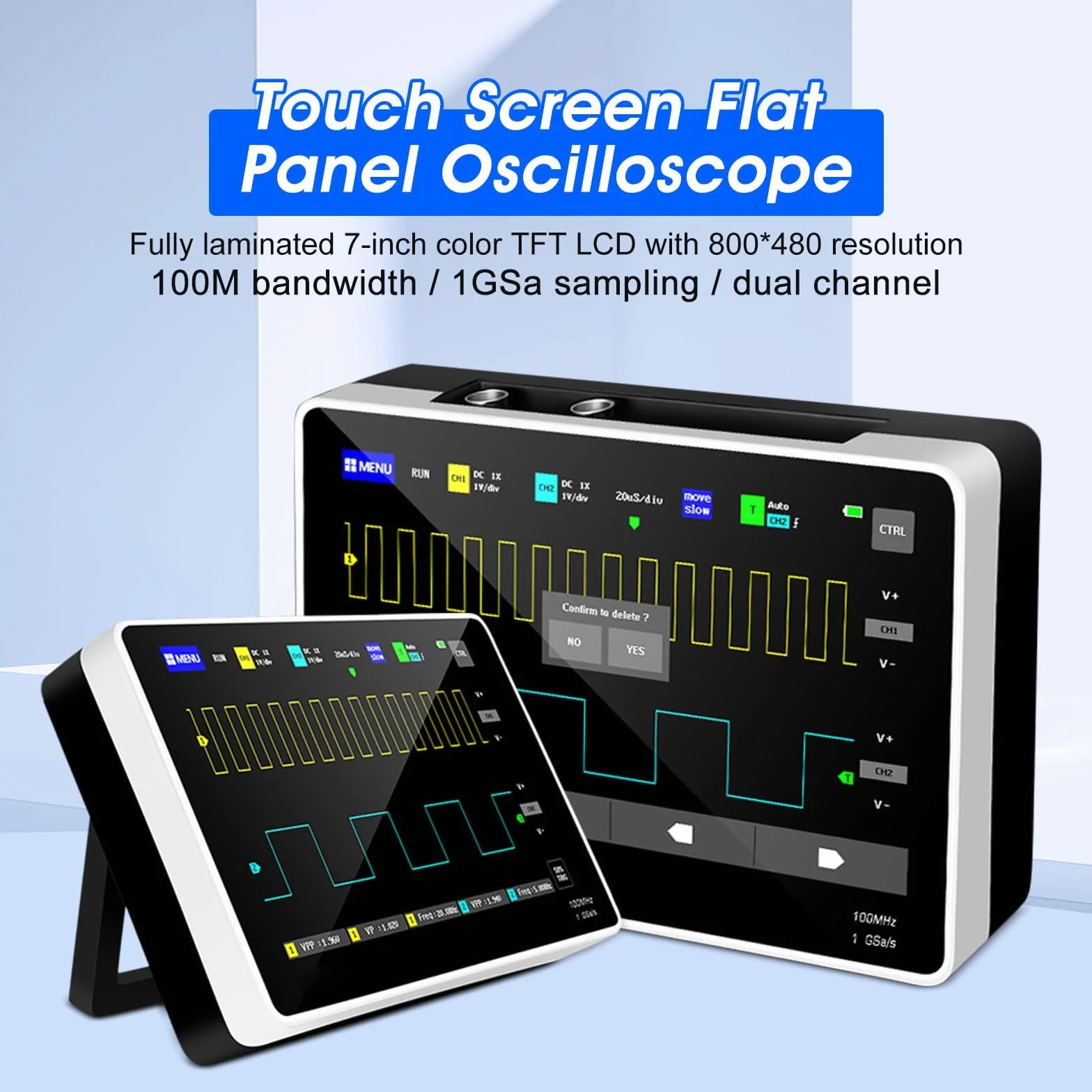 Osciloscopio Portatil, AOPUTTRIVER Osciloscopio Digital de 100 MHz Ancho de Banda con 2 Canales, Frecuencia de Muestreo 1GSa, Pantalla Táctil Grande de 7 Pulgadas, Memoria de 1 GB
