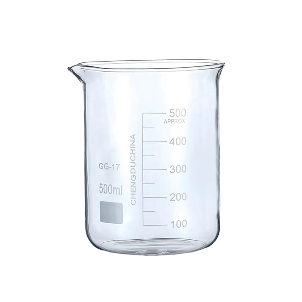 Vaso medidor de Laboratorio, Transparente, de 500 ml, con Pico Graduado para investigación científica.
