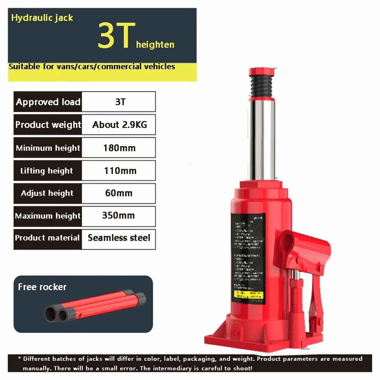 Gato hidráulico, Gato vertical hidráulico for coches, camión, sedán, de alta calidad, montado en un vehículo, 3T Herramientas hidráulicas de elevación y mantenimiento