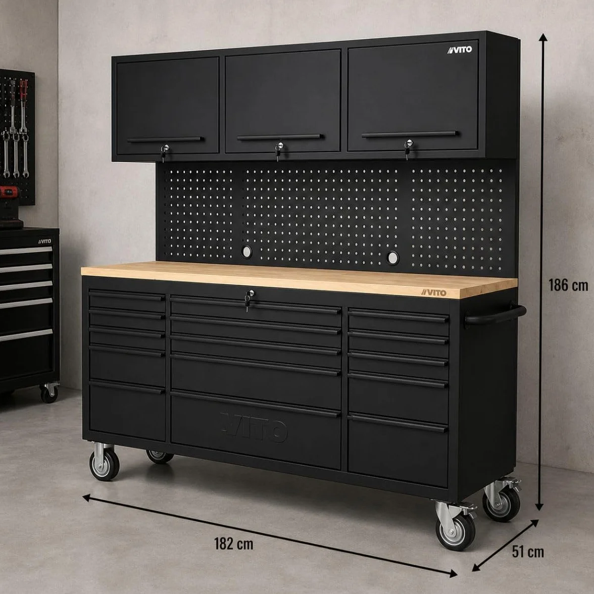 VITO Banco de Trabajo sobre Ruedas 182x51x186 cm 15 Cajones Encimera de Madera 500 kg