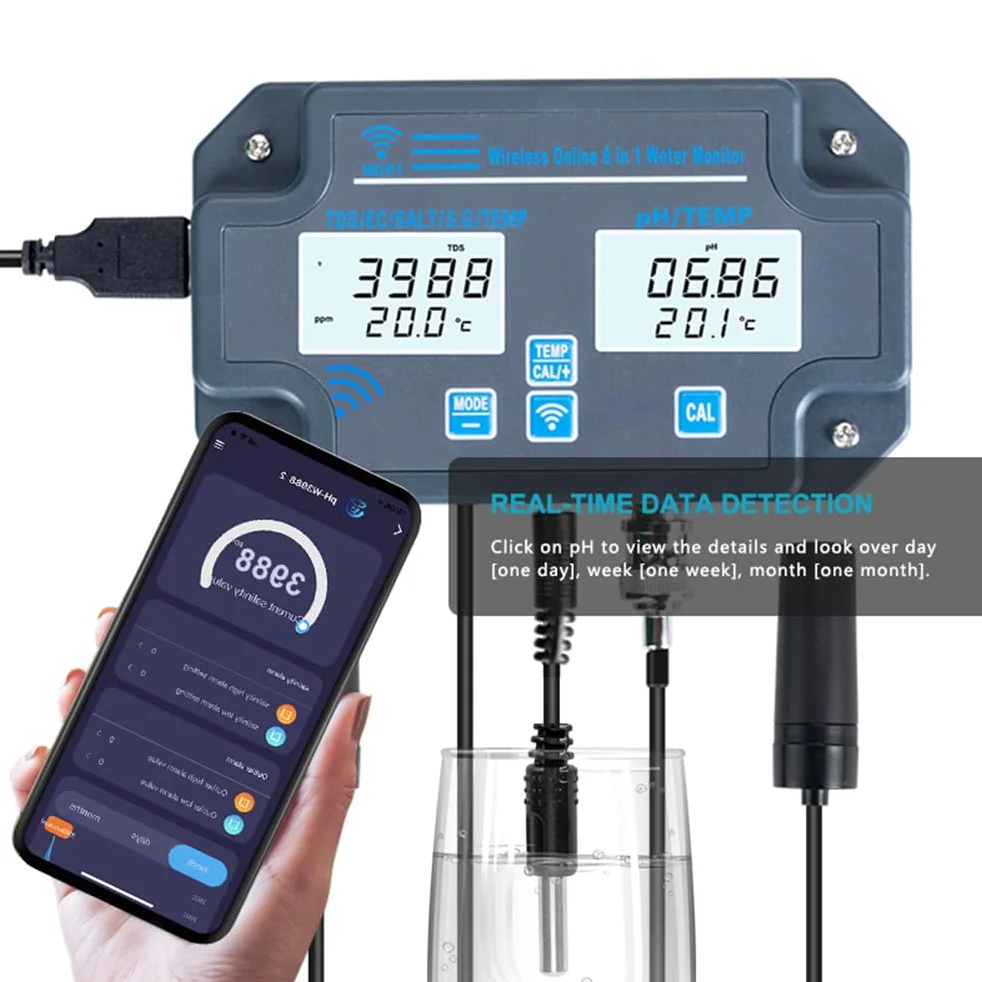 Calidad del Agua Medidor de Prueba, 6 en 1, Montado en la Pared, PH/EC/TDS/SALT/S.G/Temperatura, Aplicación de Monitoreo Remoto, Notificación de Alarma para Acuario, Laboratorio Hidropónico
